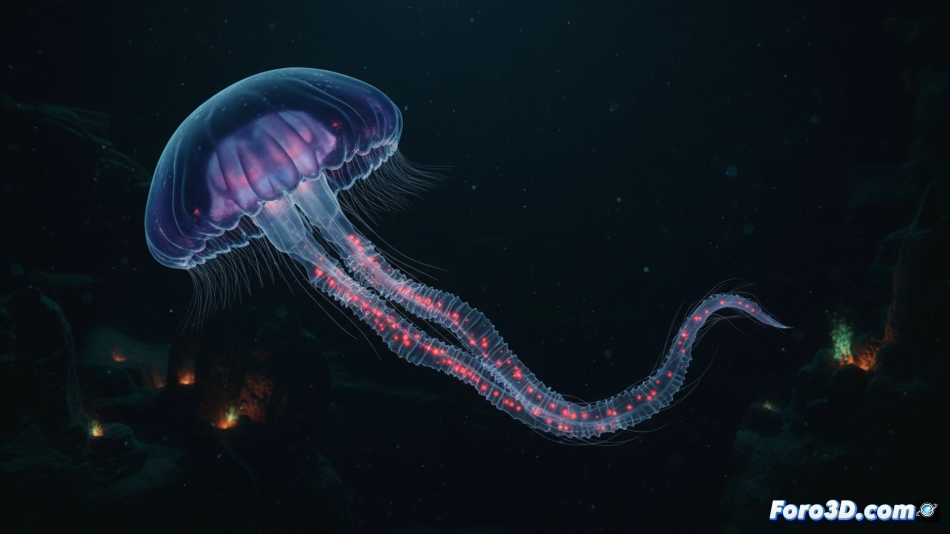 Modelo 3D de Atolla reinhardi, medusa corona con un único tentáculo gigante en la oscuridad oceánica