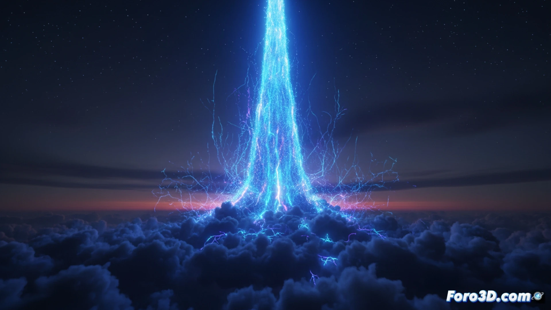 Visualización 3D de un Blue Jet ascendiendo desde una tormenta hacia la estratosfera con colores azules brillantes