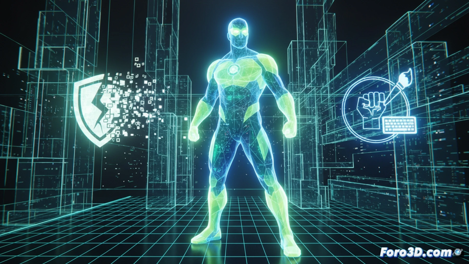 Modelado 3D de Doctor Espectro con geometría translúcida y efectos volumétricos de luz sólida