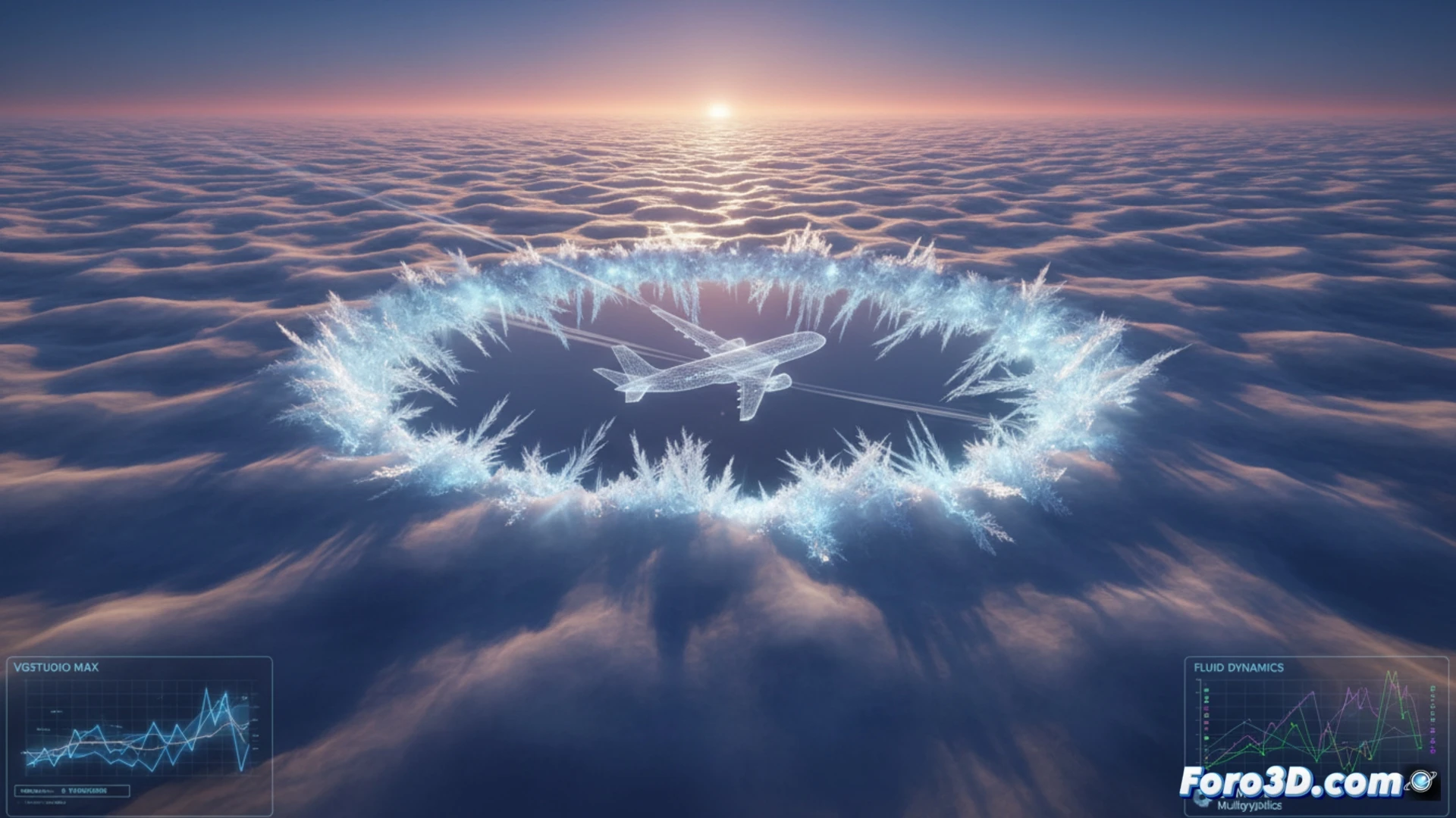 Simulación 3D de fallstreak hole congelando agua sobreenfriada en nube cirrocúmulo con aeronave