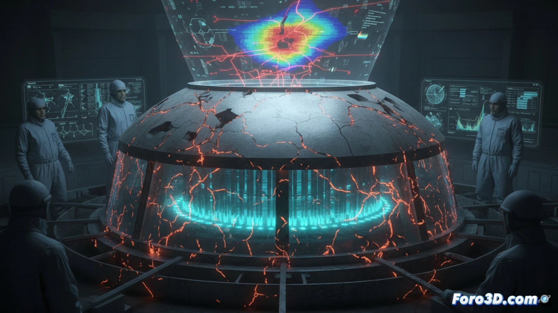 Grieta por radiación en depósito nuclear simulación 3D de fatiga estructural y fuga letal
