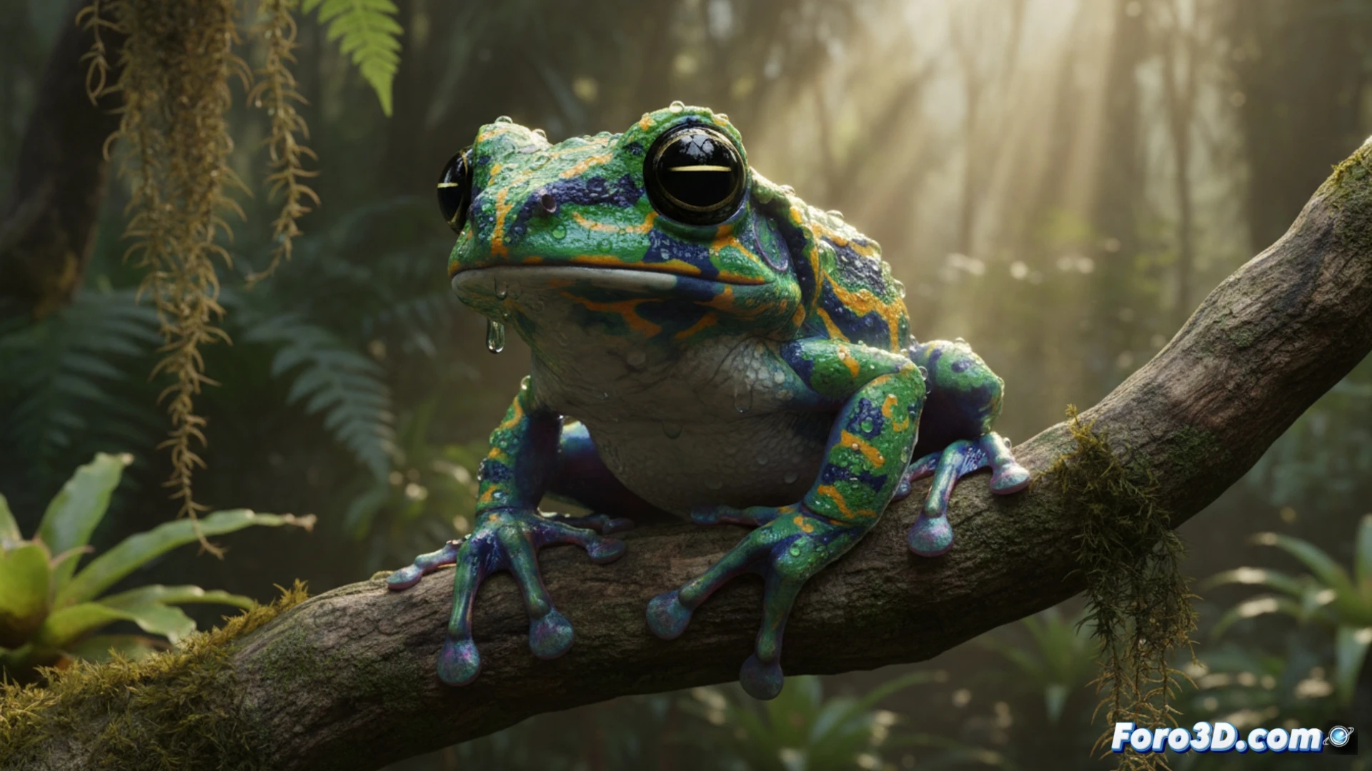 Modelado 3D de Hyloscirtus tolkieni, rana fantástica de los Andes, detalle de coloración naranja y verde