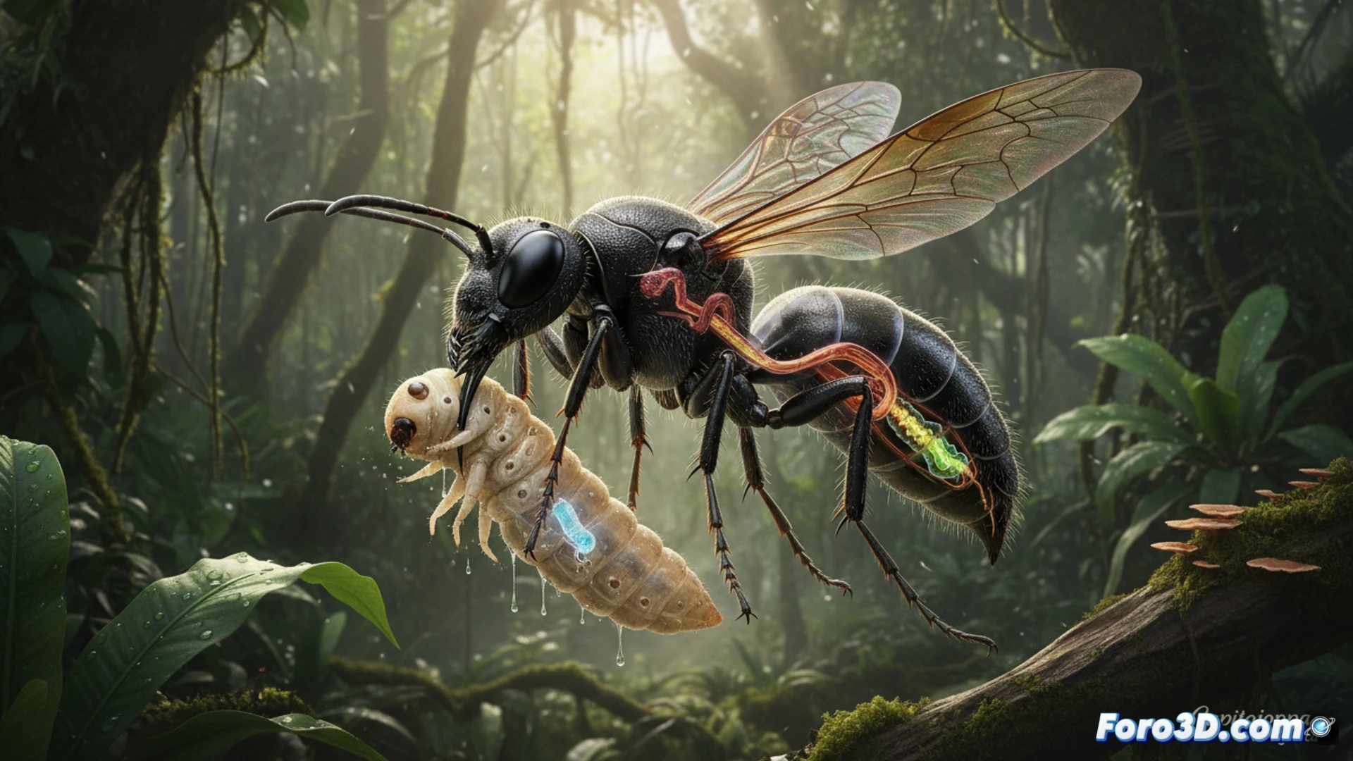 Modelado 3D de la avispa vampiro Capitojoppa amazonica mostrando su cabeza desproporcionada y anatomía parasitoide en la Amazonía