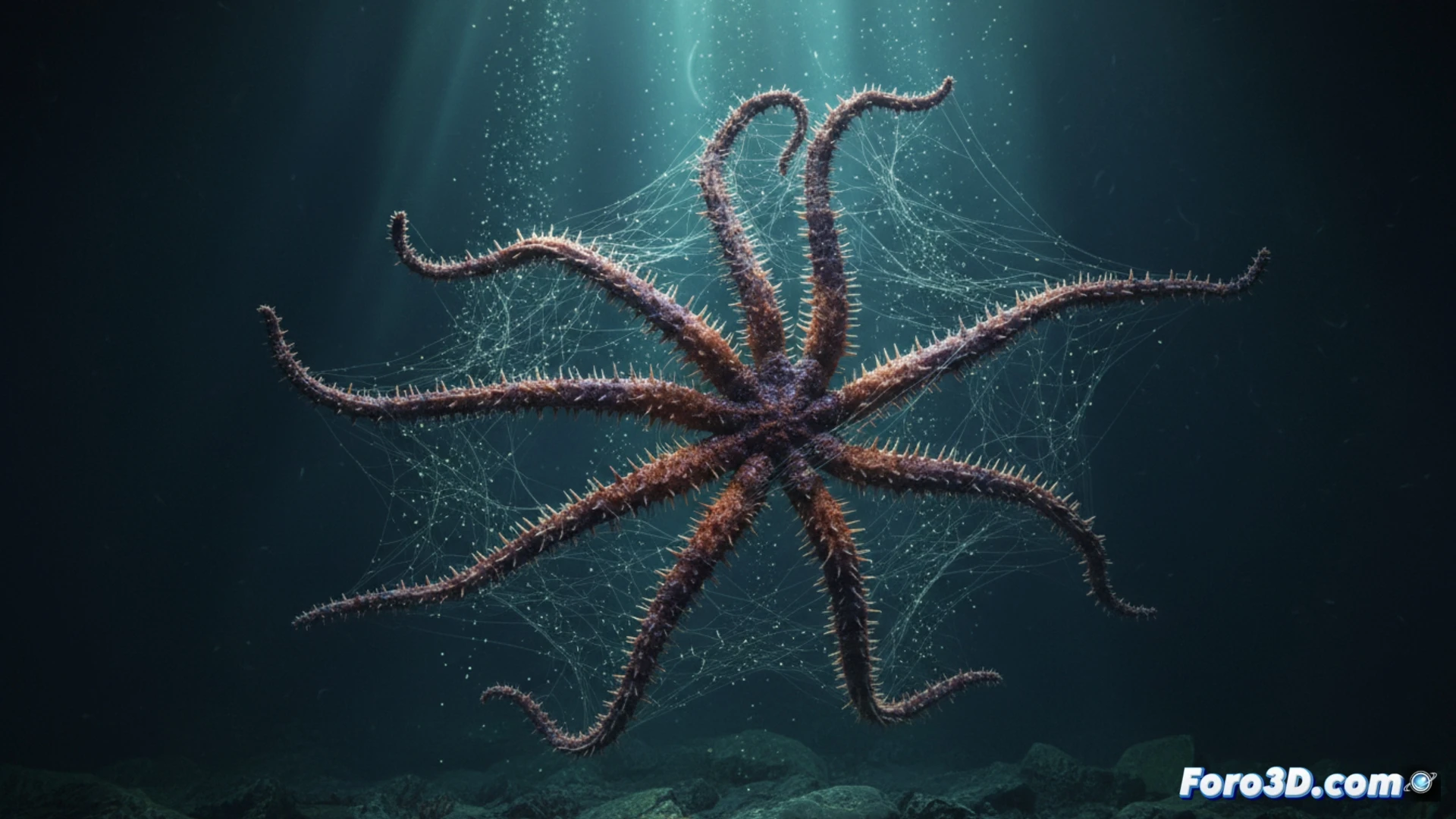 Estrella de mar Brisingida modelada en 3D con brazos espinosos alargados suspendida en corriente oceánica profunda
