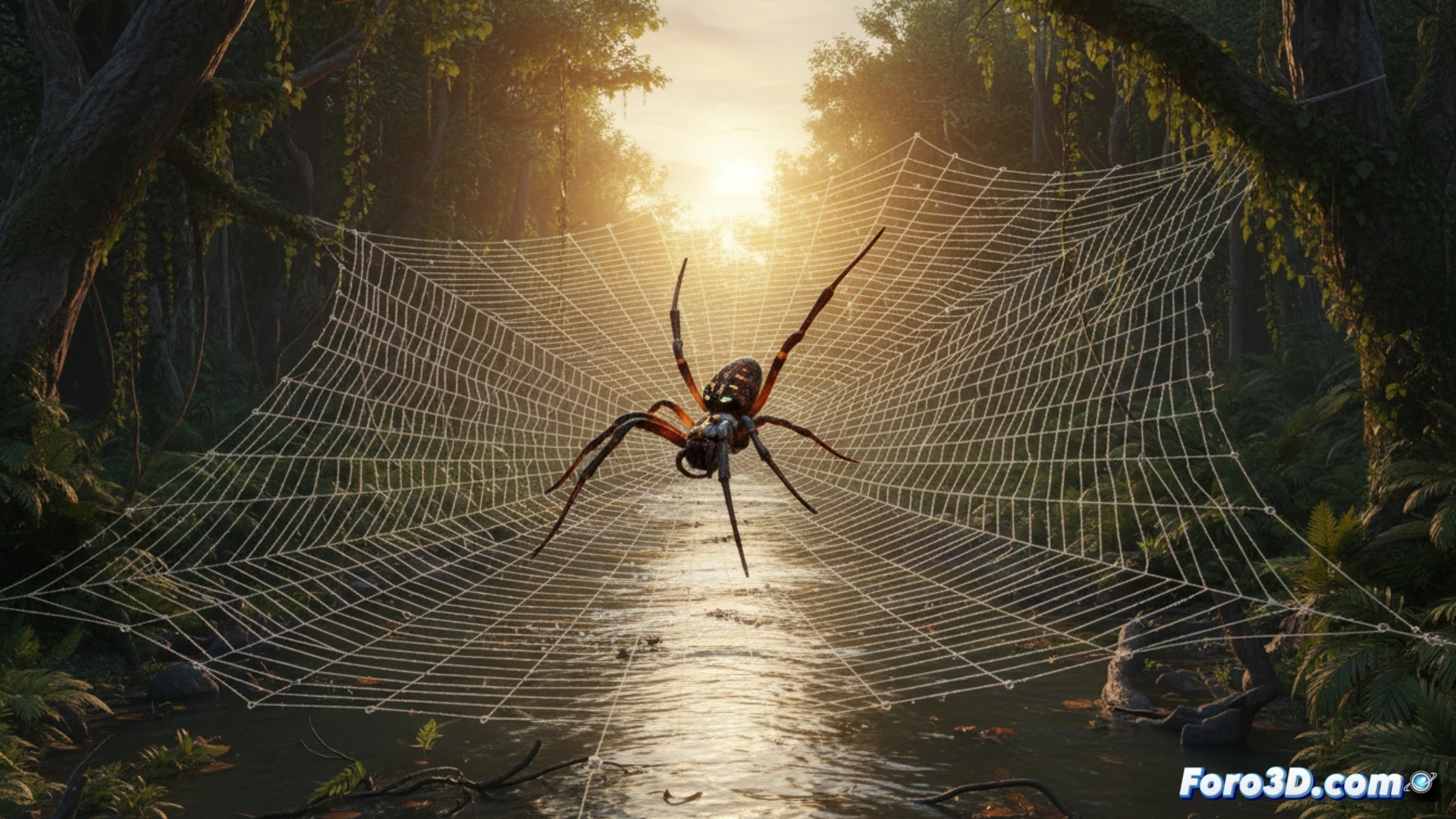 Modelo 3D de la araña Caerostris darwini tejiendo su gigantesca telaraña sobre un río en Madagascar