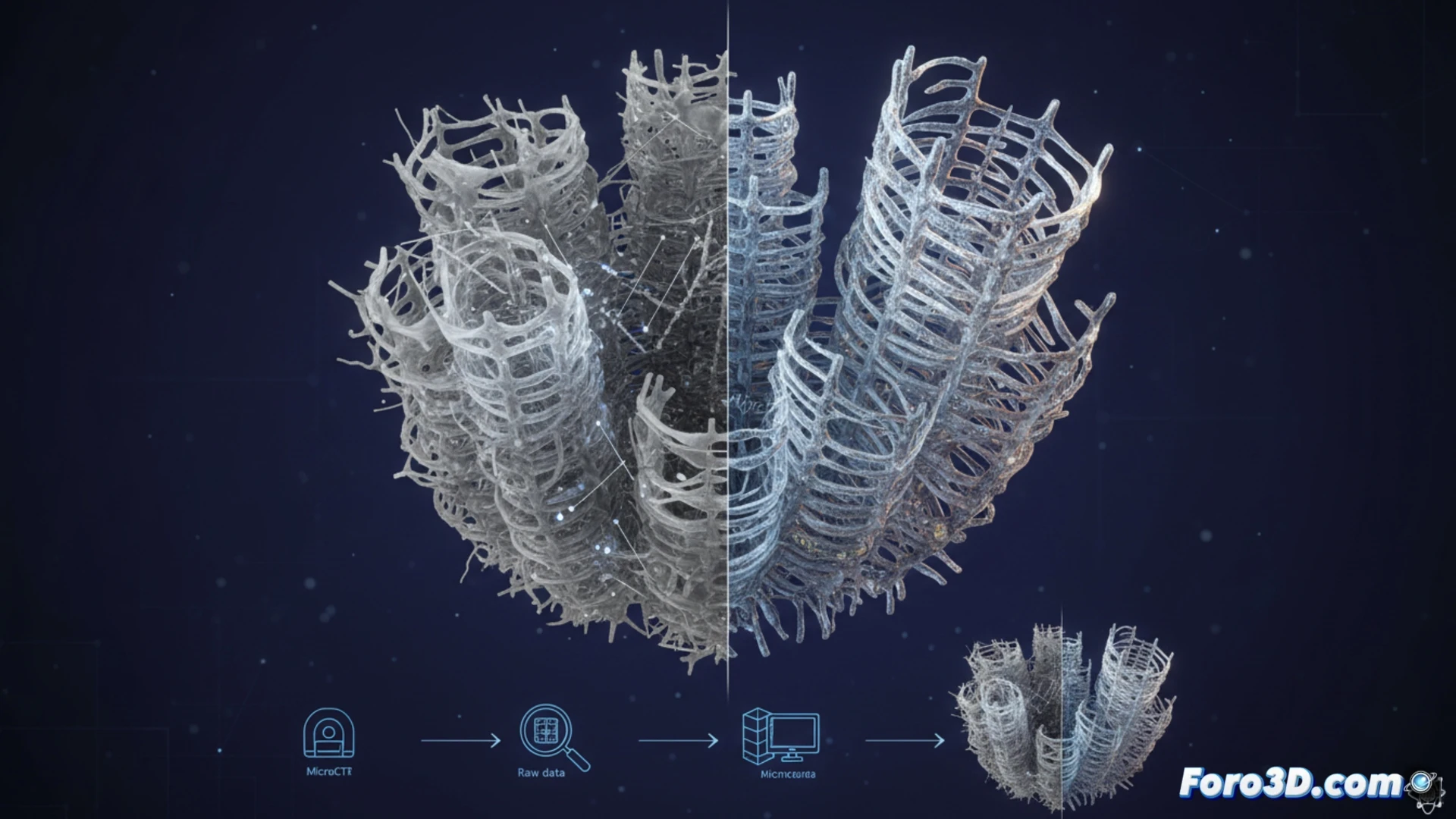 Modelo 3D de esponja Farrea con esqueleto de sílice tubular y porosidad submicrométrica detallada