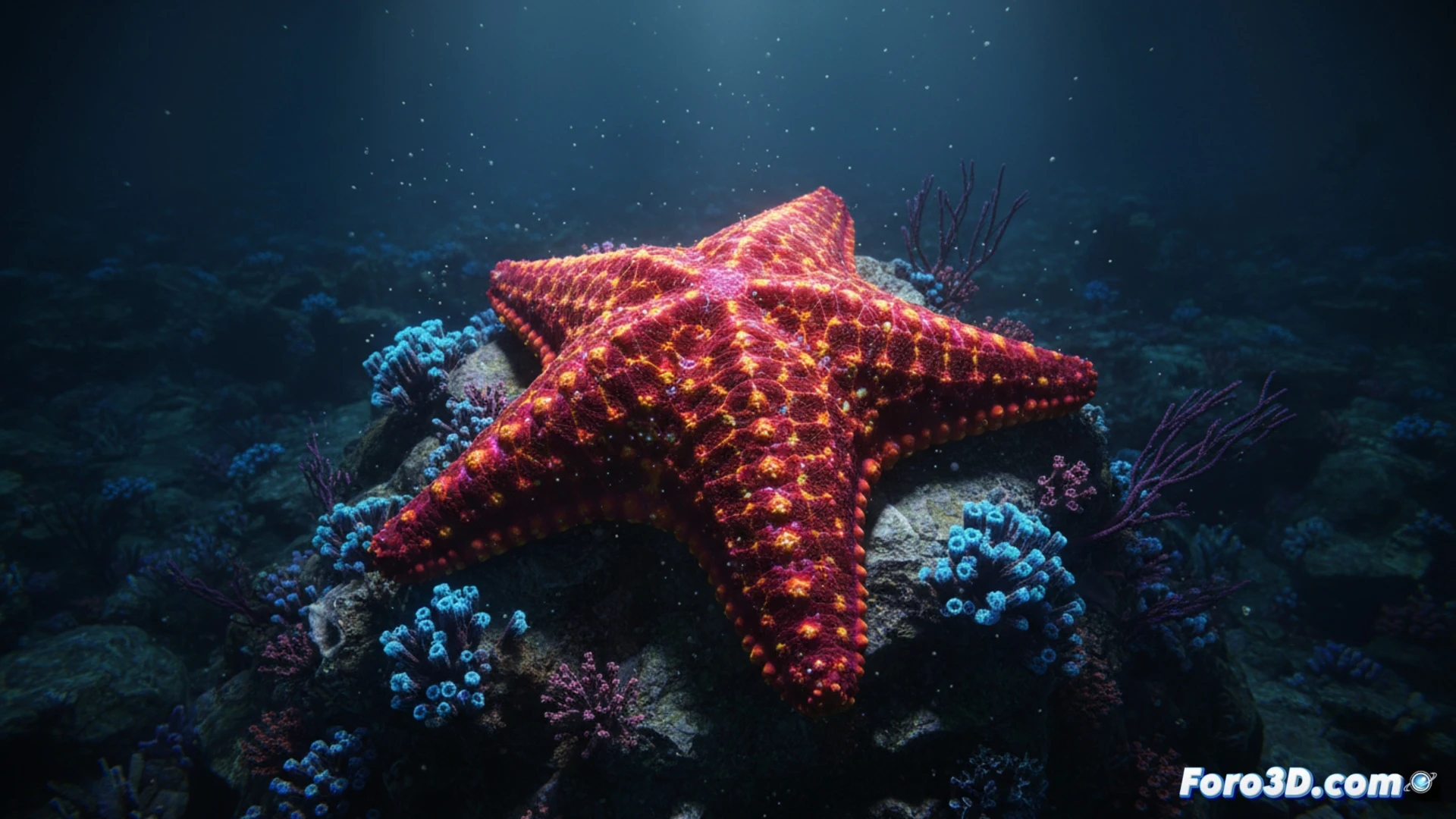 Modelado 3D fotorrealista de la estrella de mar galleta de Nazca, simetría pentagonal y pigmentación vibrante en fondo oscuro