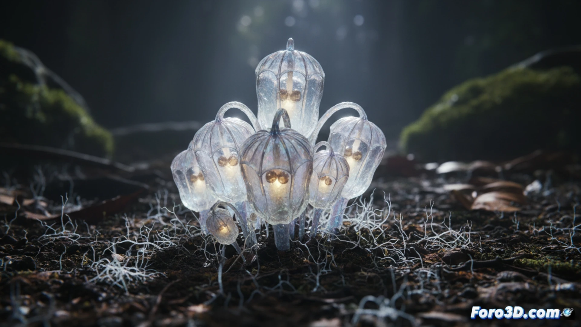 Modelo 3D detallado de Thismia selangorensis, linterna de hadas translúcida en selva malaya, visualización científica botánica
