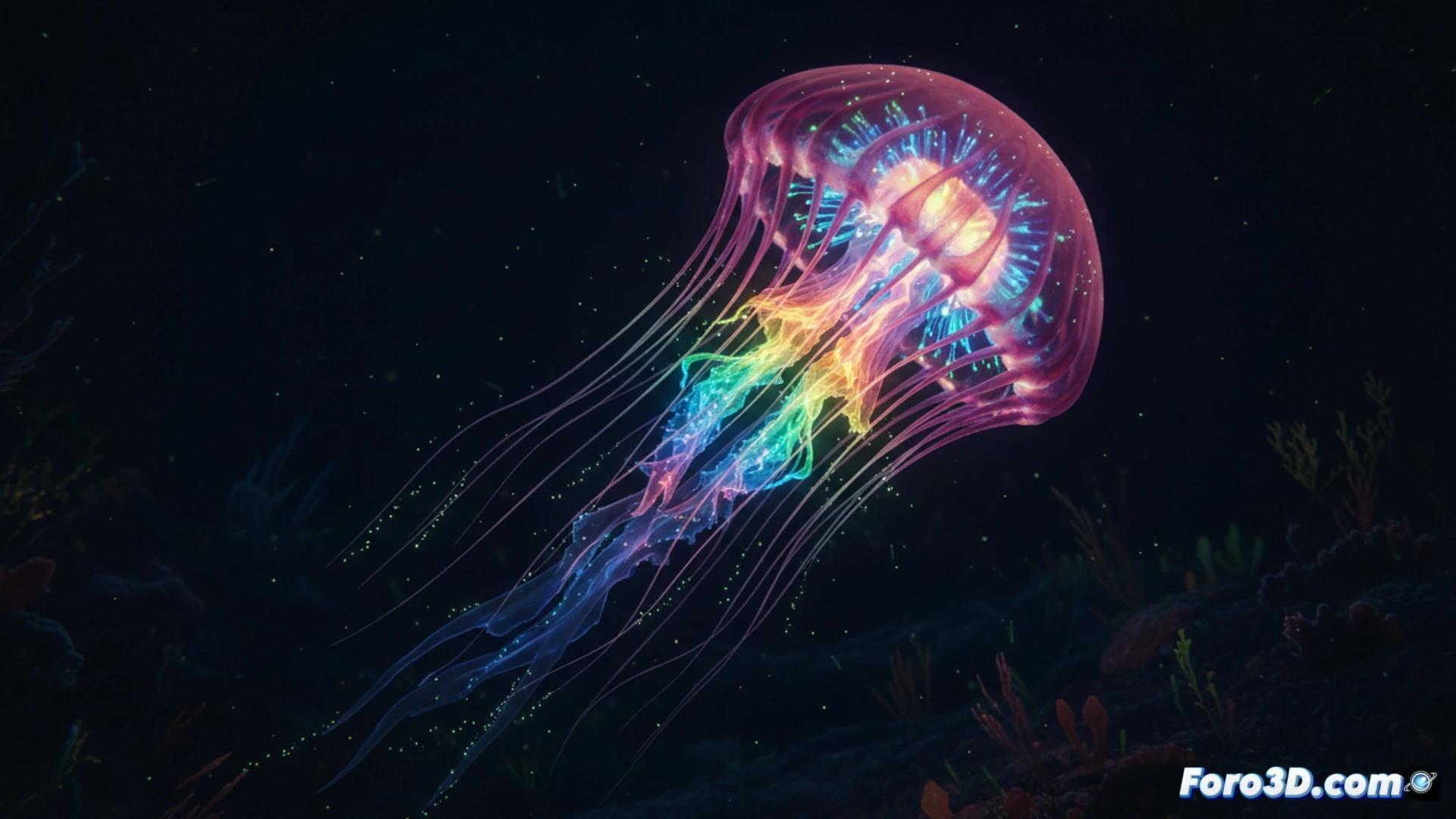 Medusa Halitrephes sp. con canales radiales brillantes en fondo oceánico oscuro, filmación 4K para modelado 3D