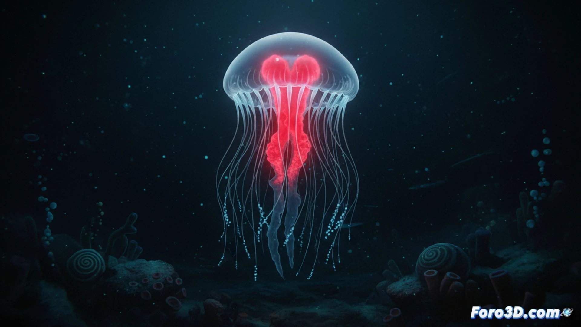 Modelo 3D de medusa Santjordia pagesi con estómago en cruz roja y cuerpo translúcido en fondo oceánico oscuro