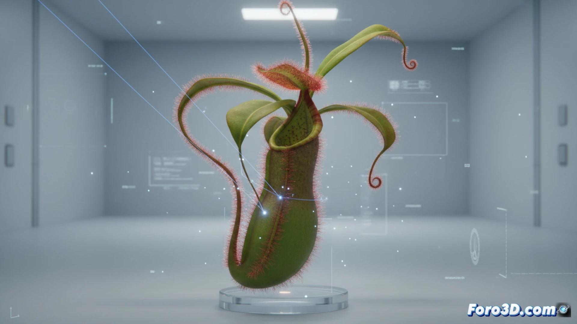Modelo 3D de Nepenthes hirtella con pelos rojizos y trampa en forma de jarra, fondo selva nubosa