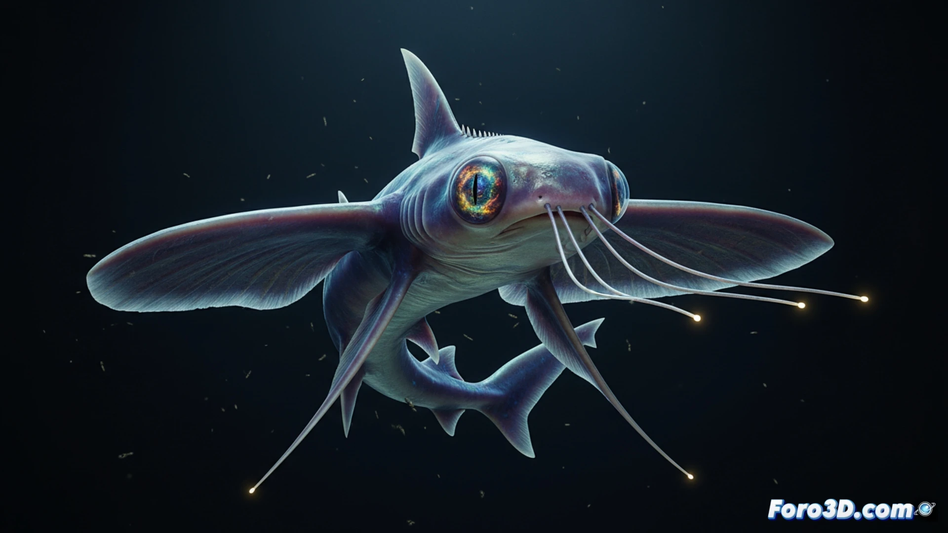 Modelo 3D de la quimera de Supapa con ojos iridiscentes en fondo oceánico oscuro, render científico fotorrealista