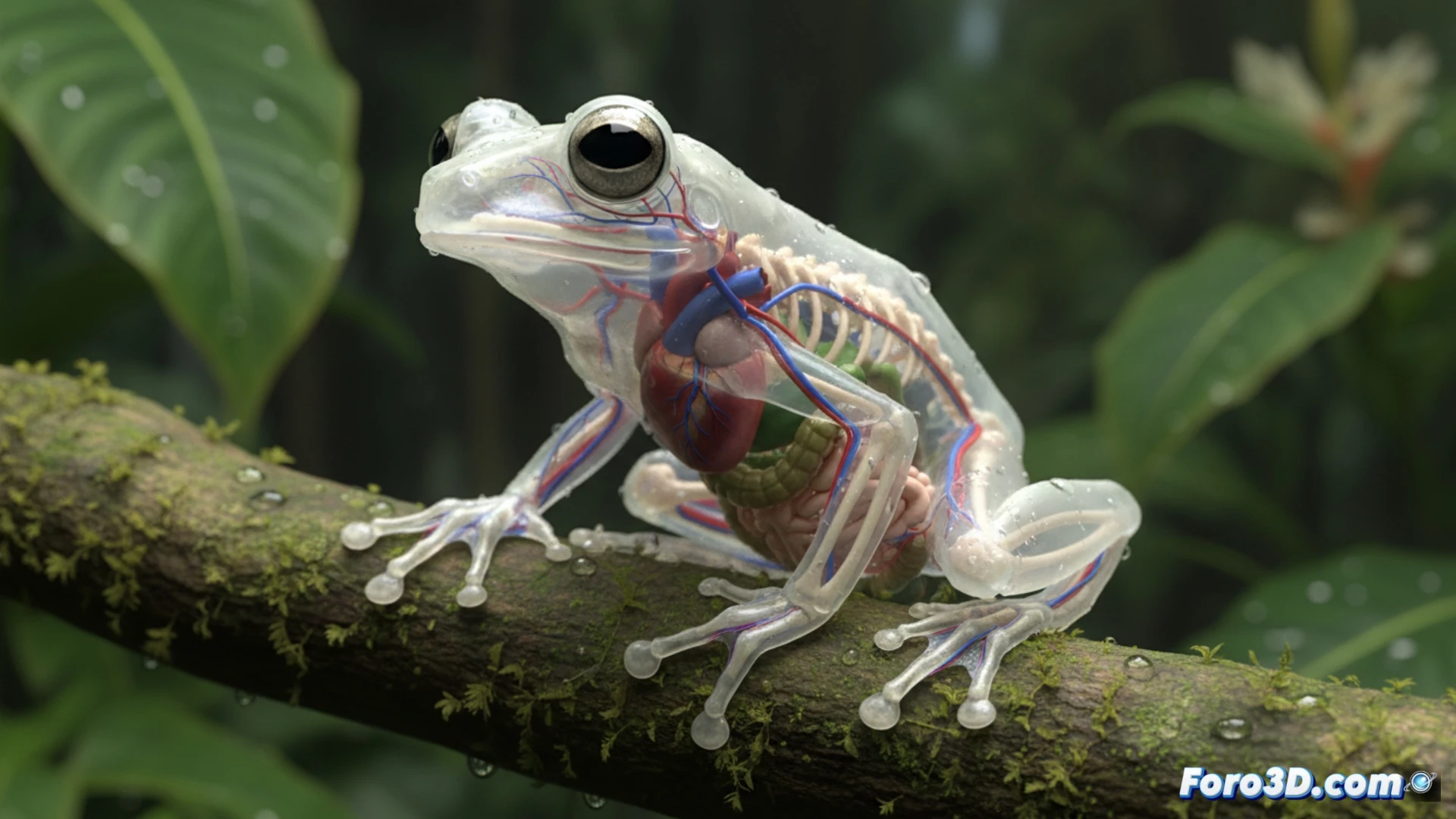 Modelado 3D de rana de cristal con abdomen translúcido mostrando arterias y huesos blancos en detalle anatómico