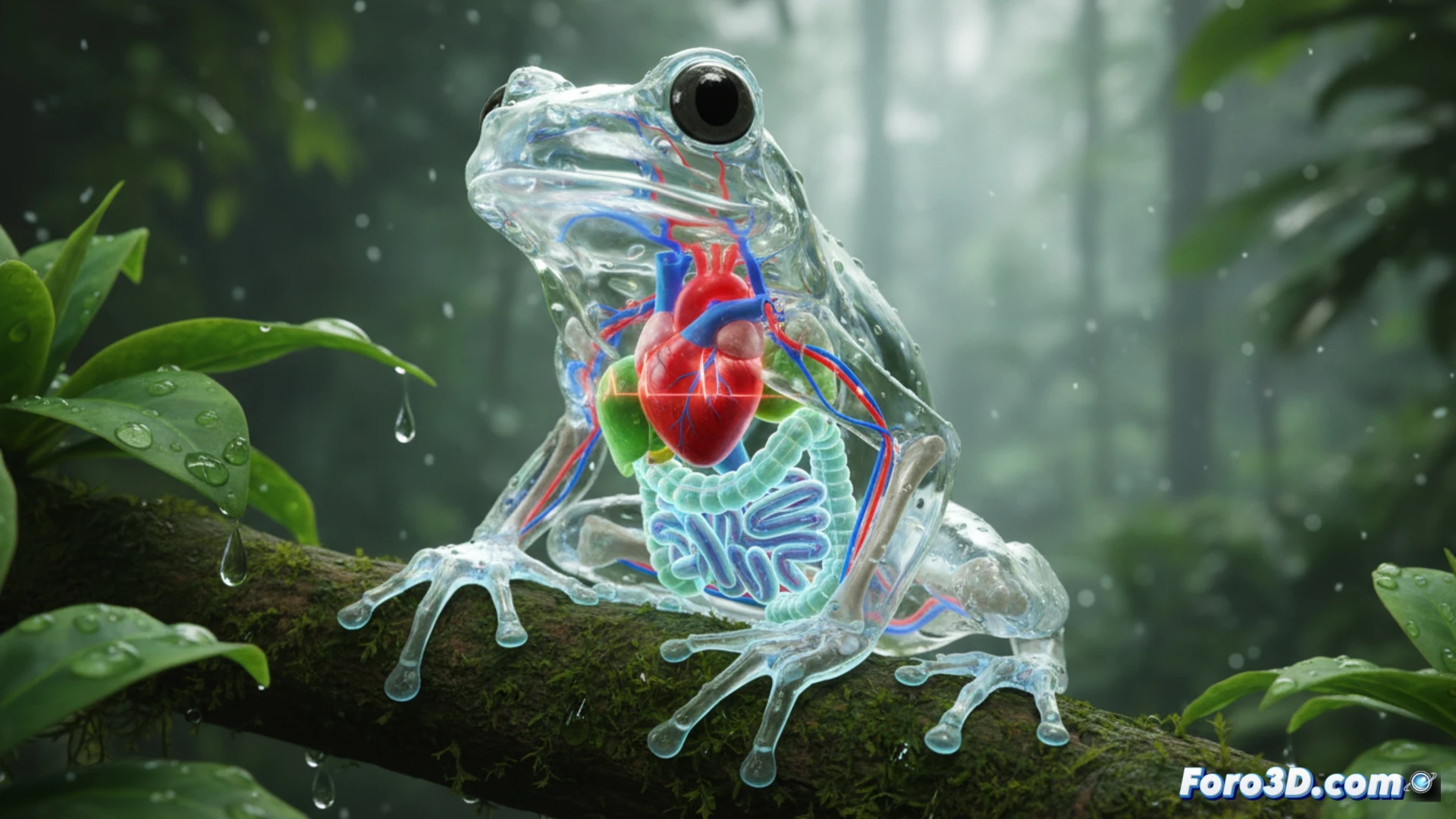 Rana de cristal Hyalinobatrachium mashpi con piel ventral transparente mostrando corazón y órganos internos en modelo 3D científico