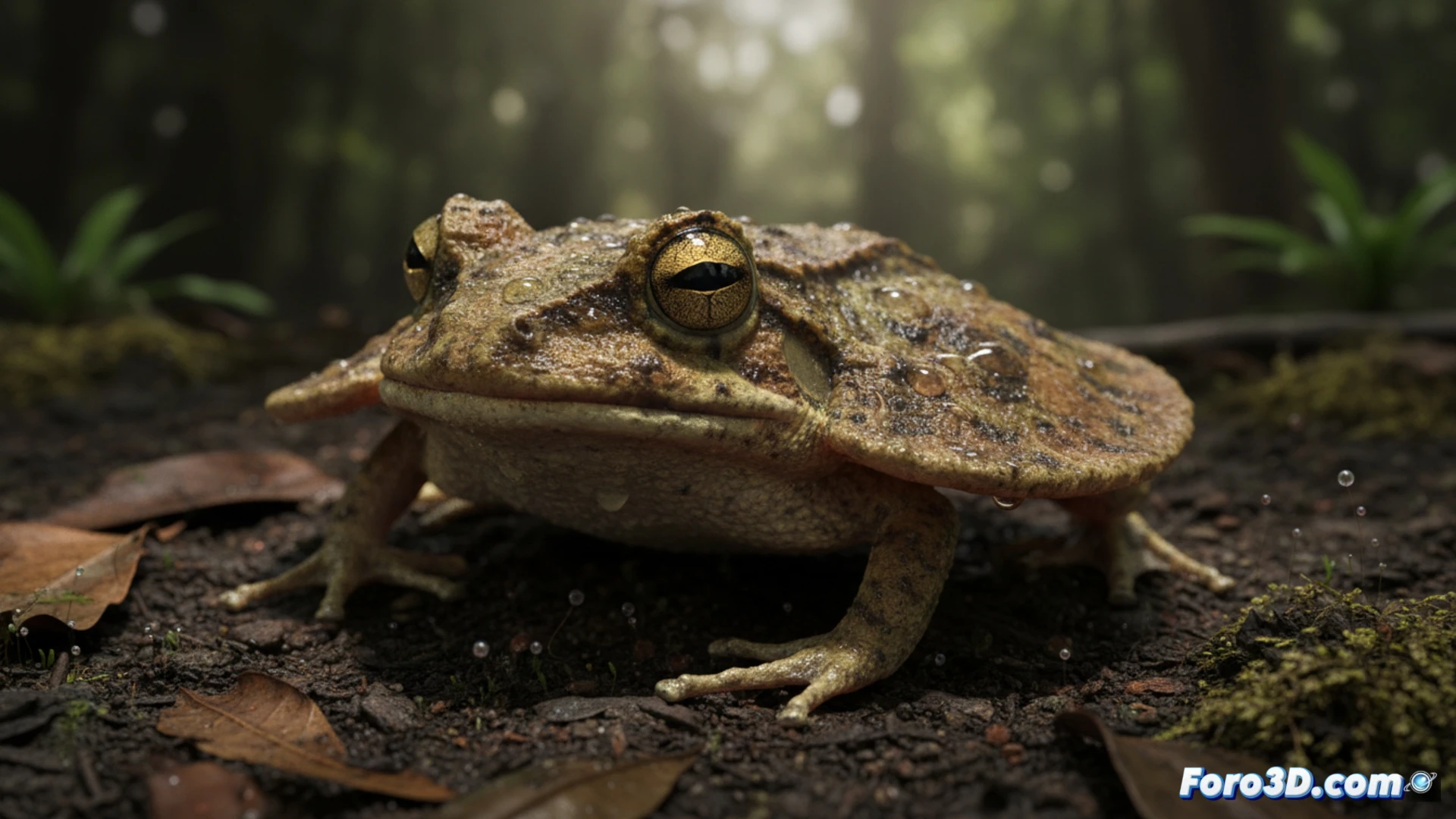 Modelo 3D fotorrealista de la rana de disco de Ajju, Synapturanus ajju, mostrando su cuerpo aplanado y circular para camuflaje en lodo amazónico