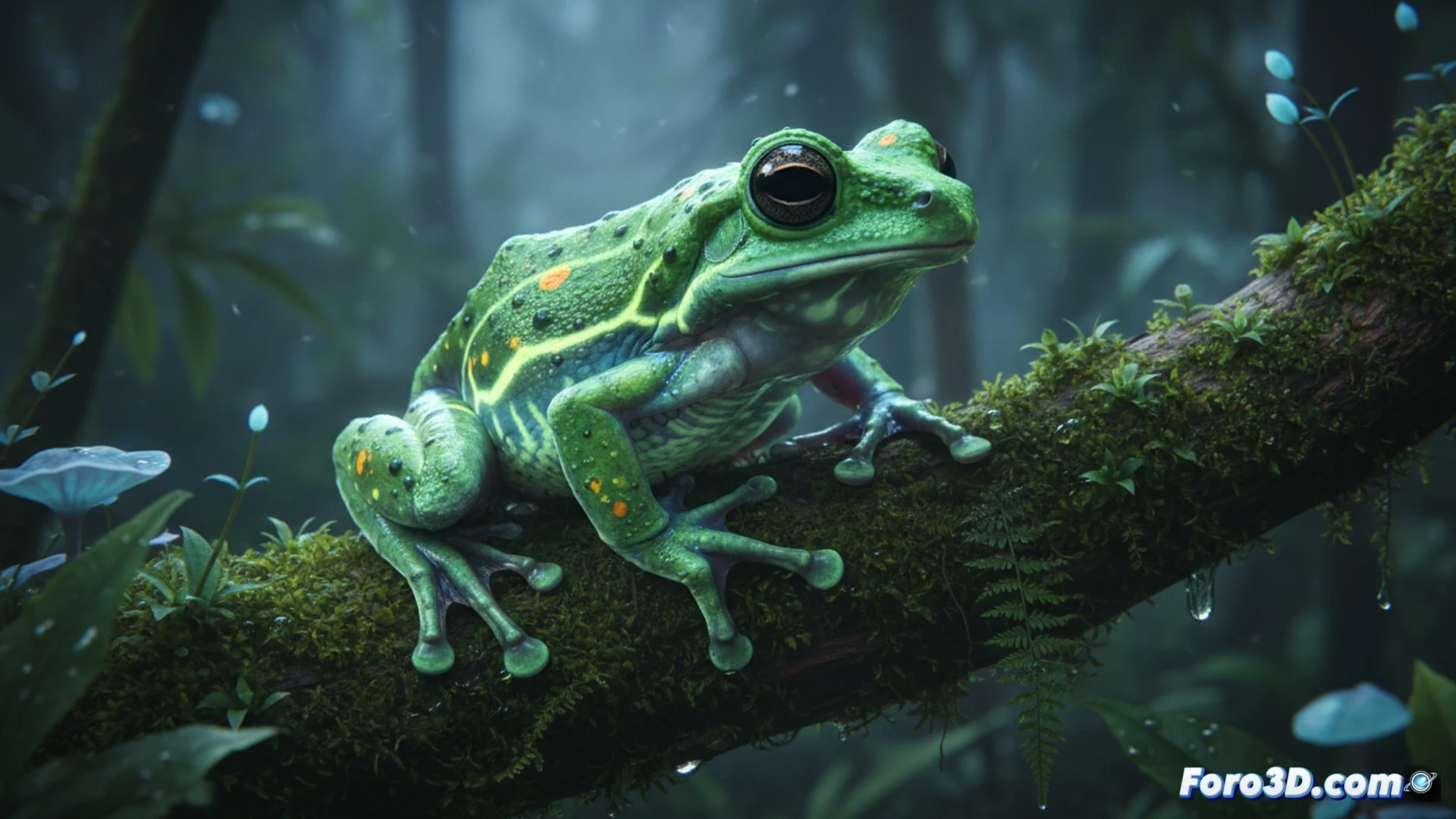 Modelado 3D fotorrealista de Hyloscirtus jaramilloi, rana esmeralda con motas púrpuras en bosque nuboso andino