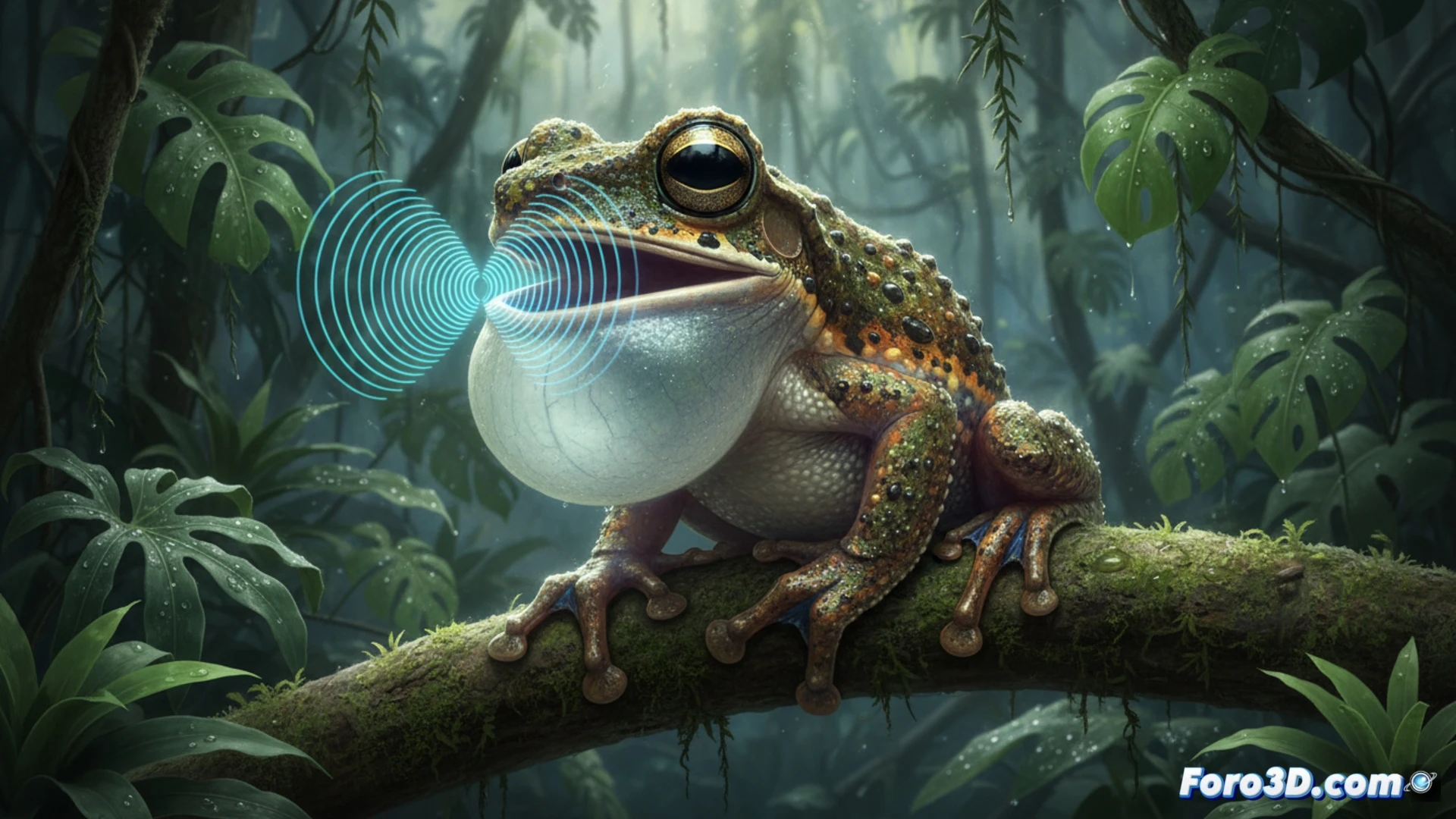 Modelo 3D de rana mapinguari en rama amazónica con saco vocal expandido y textura de piel detallada