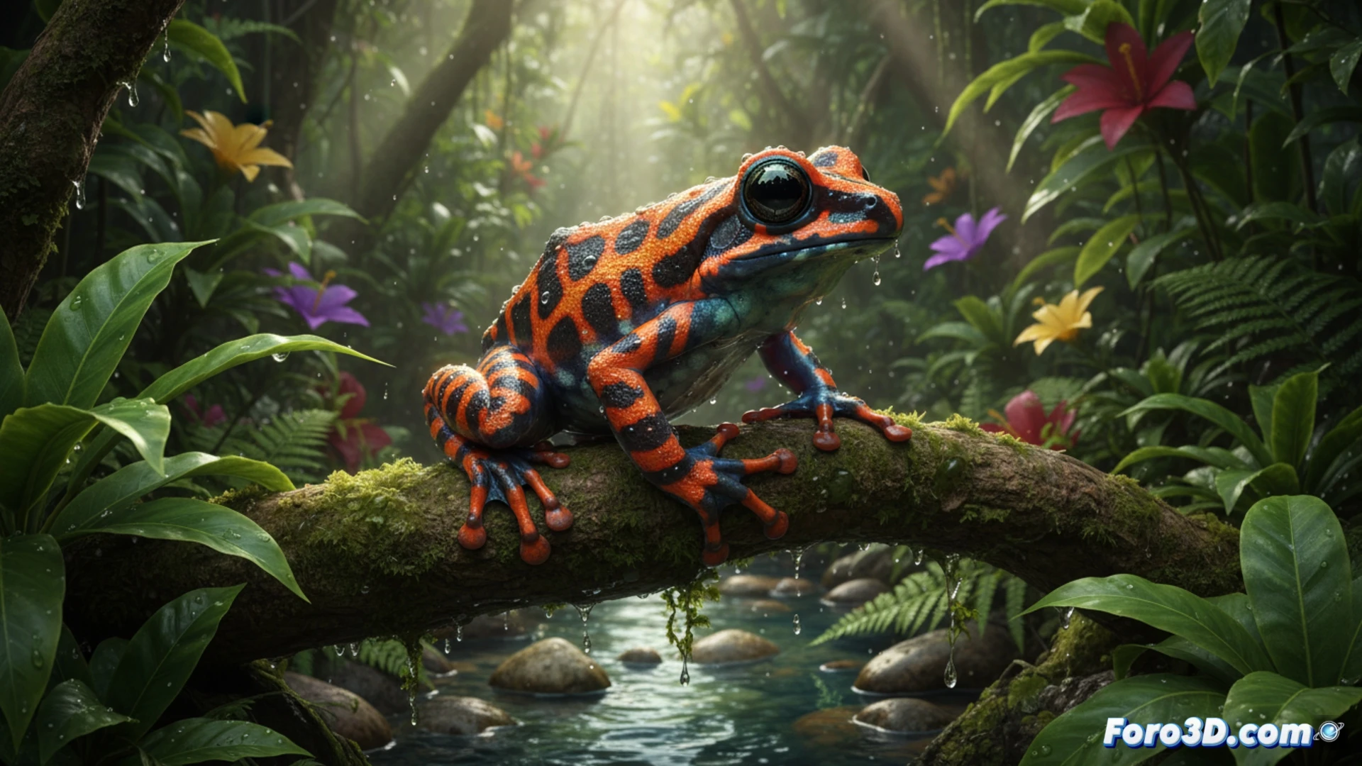 Modelo 3D fotorrealista de la rana tóxica Hyloscirtus sethmacfarlanei, piel negra con manchas amarillas brillantes en hábitat de torrente