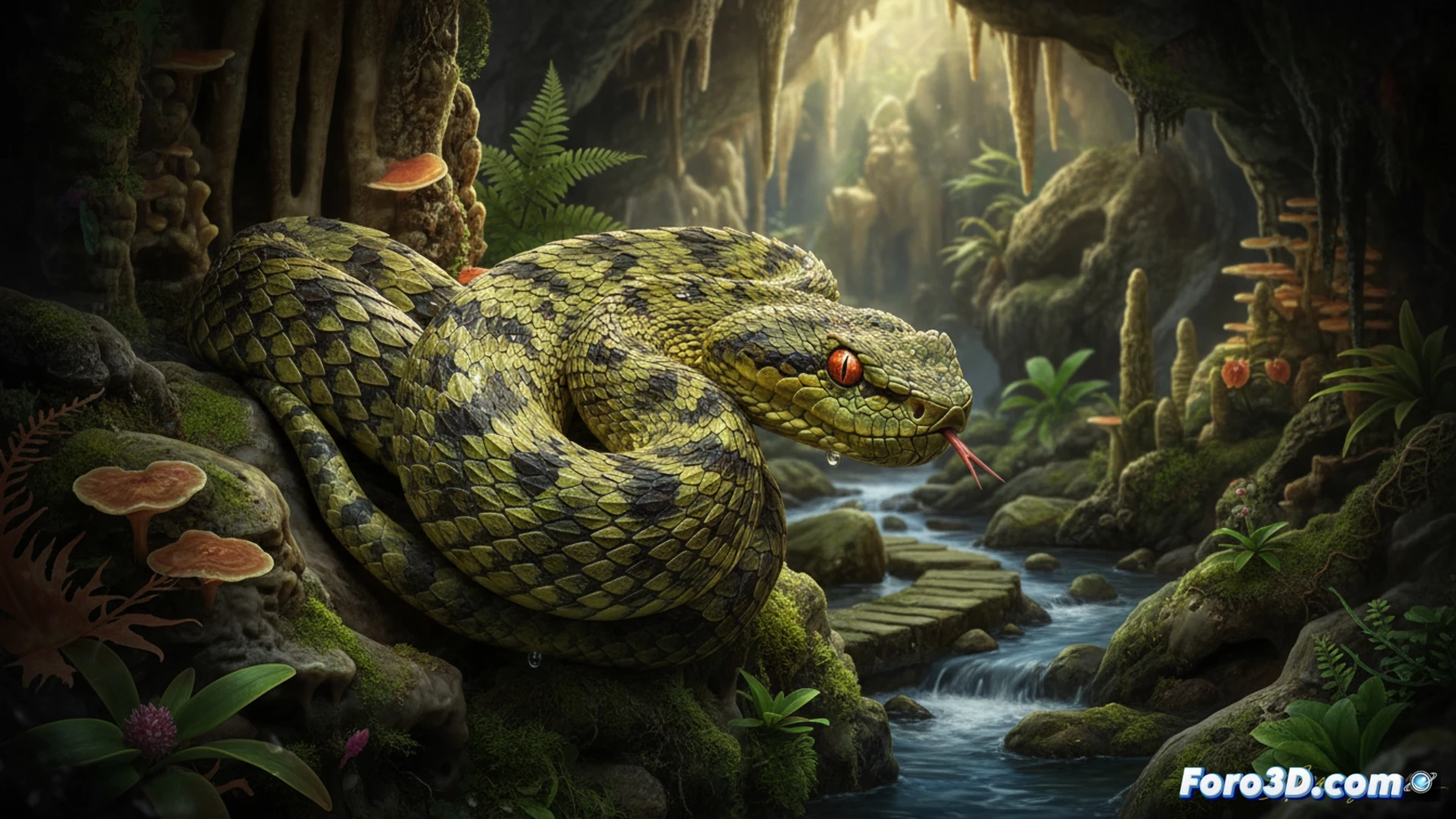 Modelo 3D fotorrealista de Trimeresurus maya, víbora de foseta, en hábitat kárstico para divulgación científica