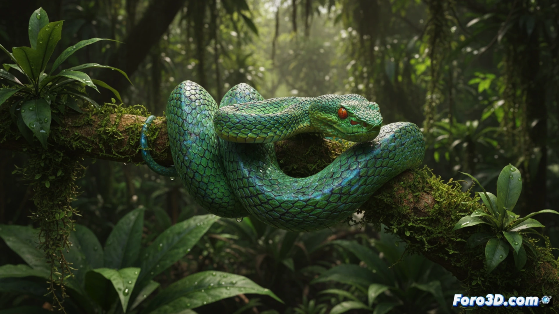 Modelado 3D de víbora verde esmeralda Trimeresurus salazar con escamas iridiscentes en selva india