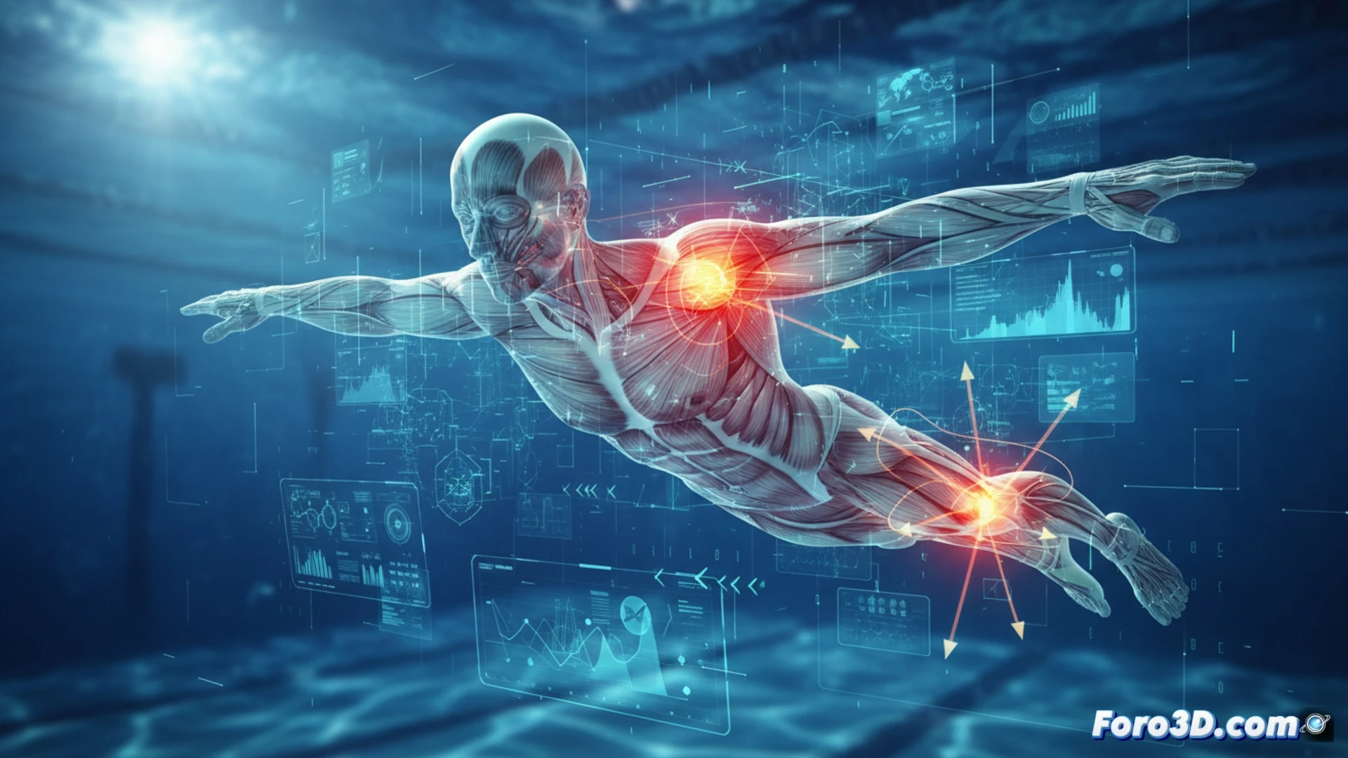 Modelado 3D de hombro y rodilla en nadador con análisis biomecánico de lesiones deportivas por sobreuso