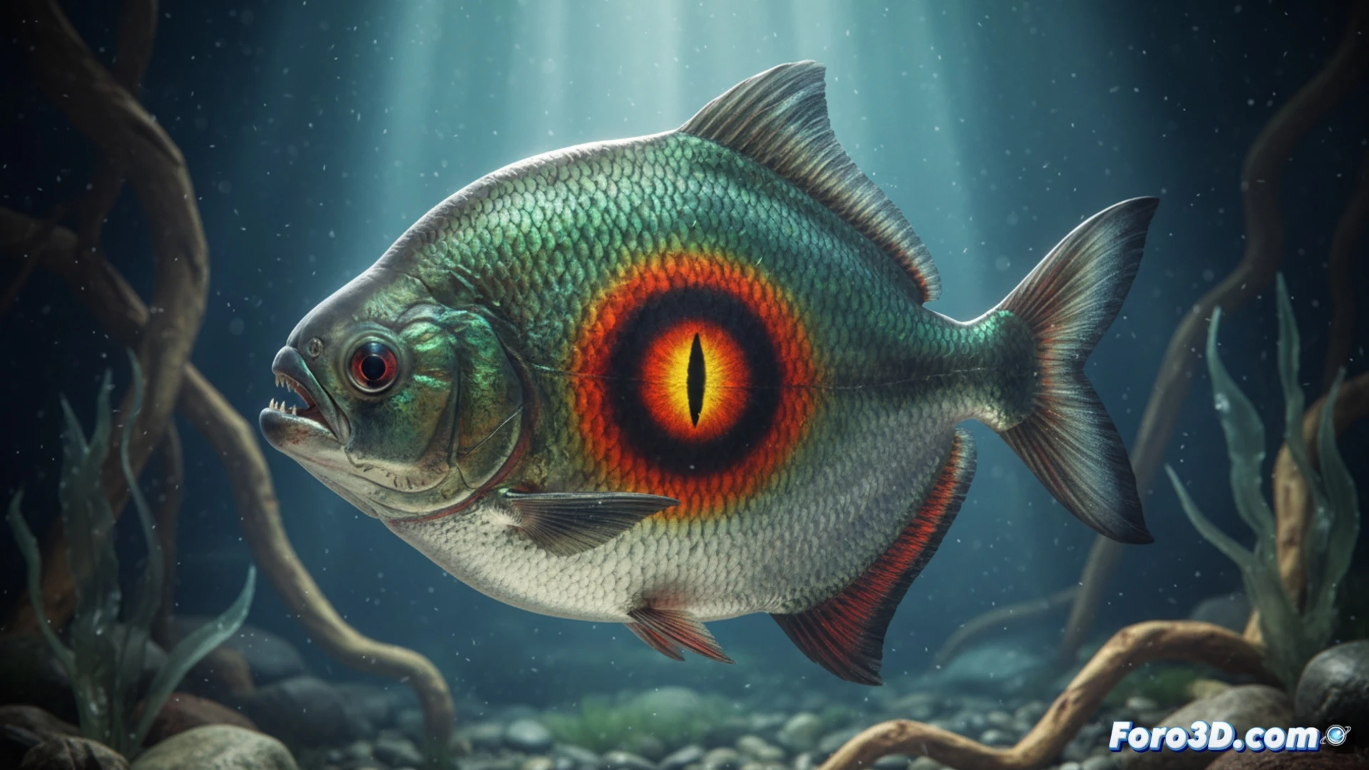 Modelo 3D de Myloplus sauron, piraña disco con mancha negra central similar al Ojo de Sauron en Amazonia