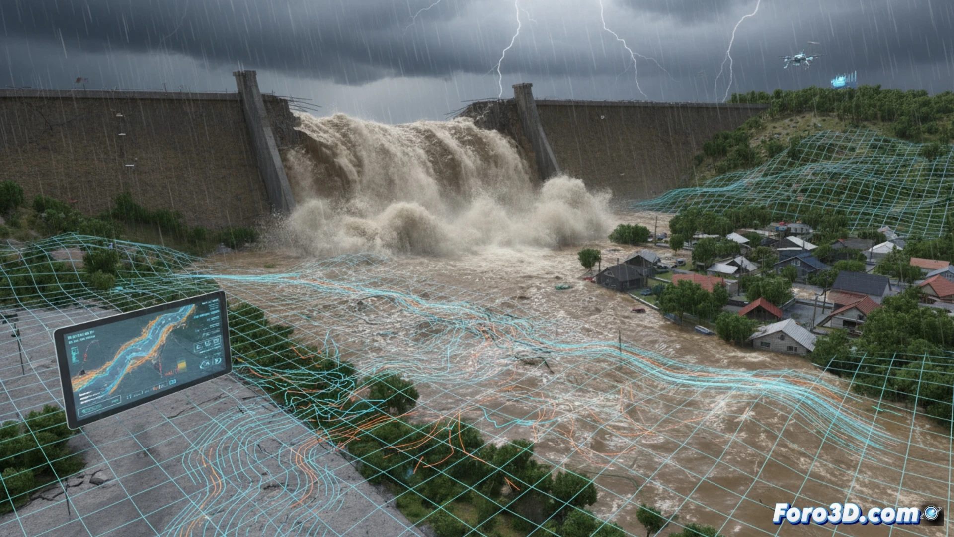 Simulación 3D de riada tras rotura de dique, mostrando flujo de agua sobre terreno urbano y rural