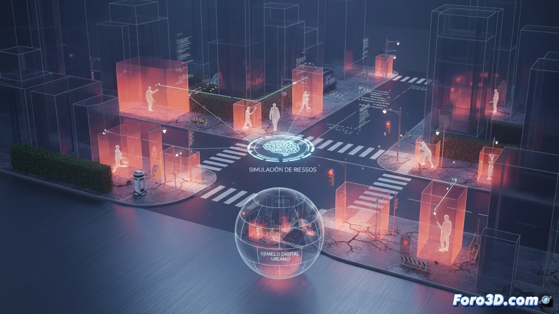 Simulación 3D de peatón en cruce urbano con semáforo y vehículos aproximándose para análisis de seguridad