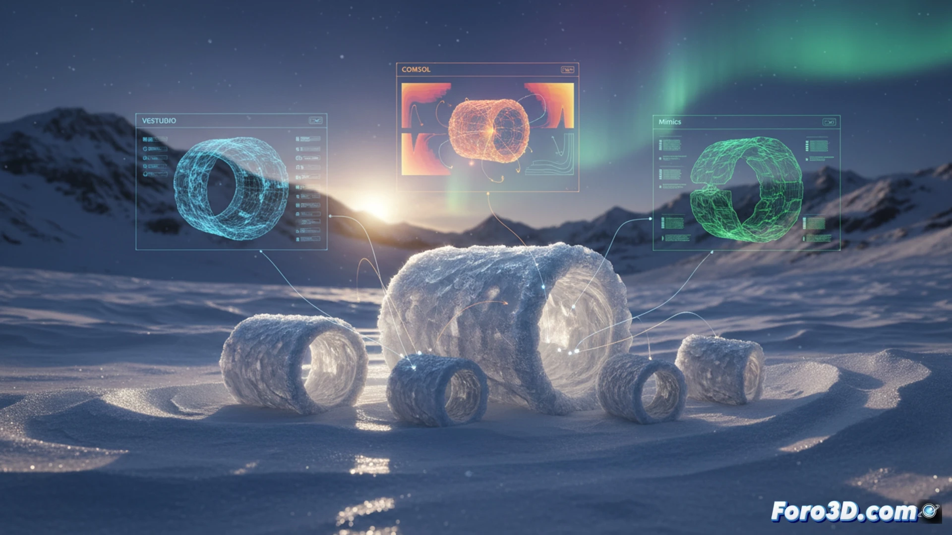 Visualización científica de rodillos de nieve huecos con modelado 3D volumétrico y simulación física en software especializado