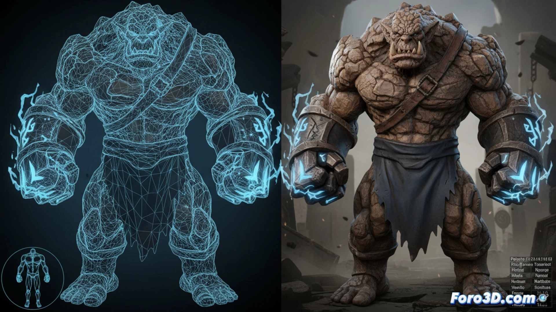 Modelado 3D de Ulik el Troll con puños de hierro y armadura de roca de Asgard para videojuegos de lucha