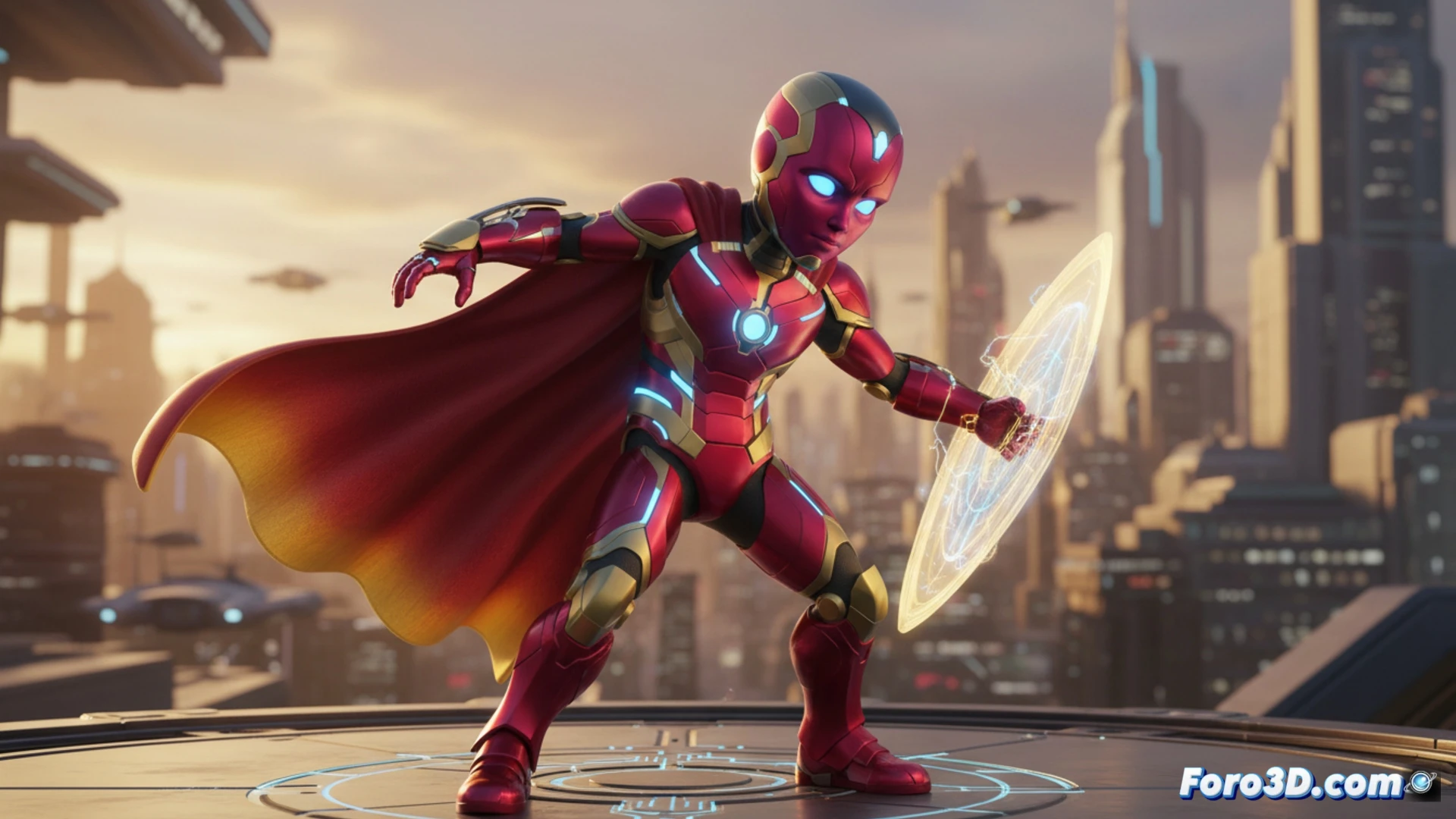 Modelado 3D de Vision juvenil armadura cromo rojo verde rigging animación videojuegos Marvel