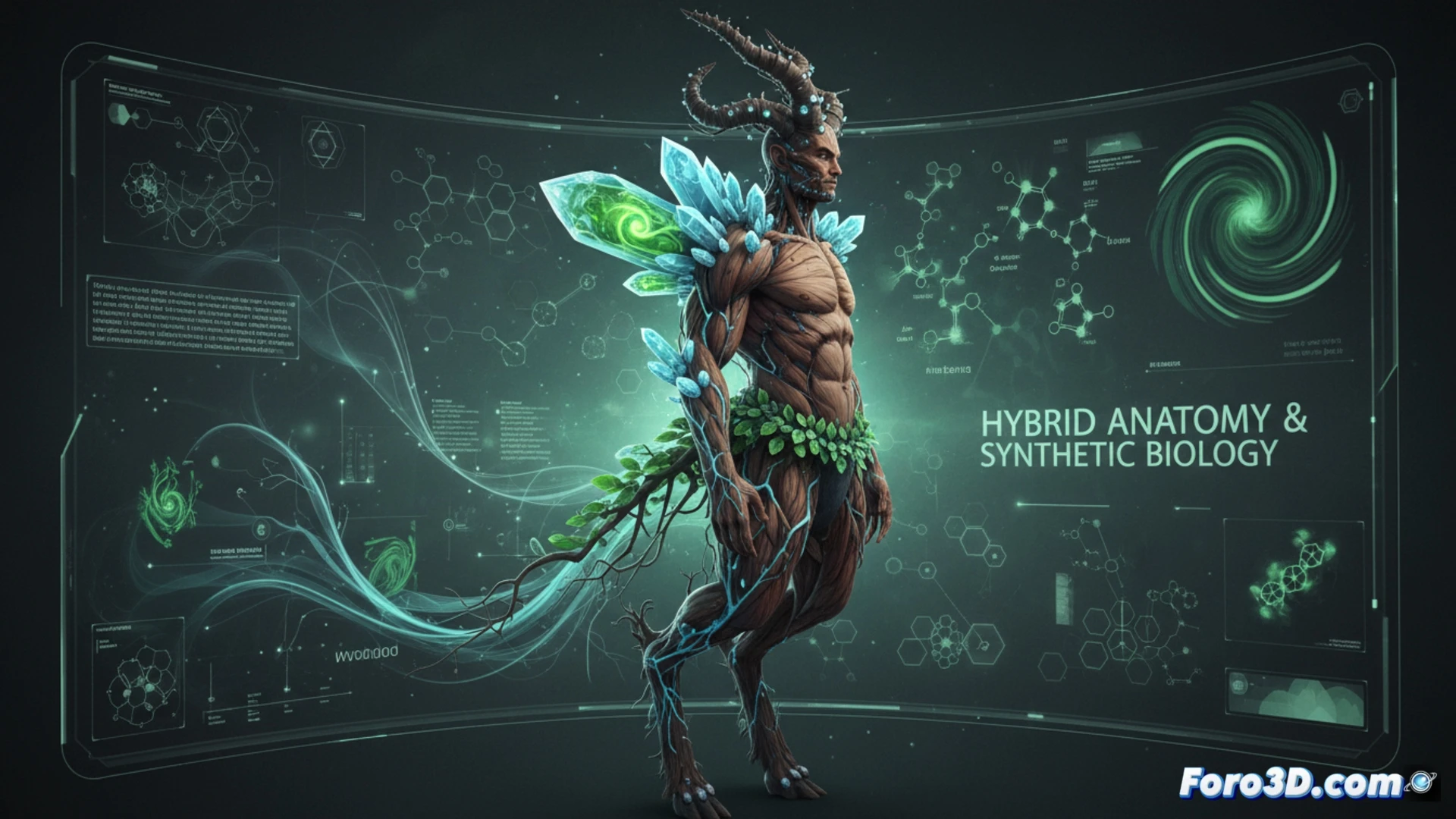 Modelado 3D de Woodgod, híbrido sátiro con biología sintética, resistencia a toxinas y simbiosis flora en visualización científica
