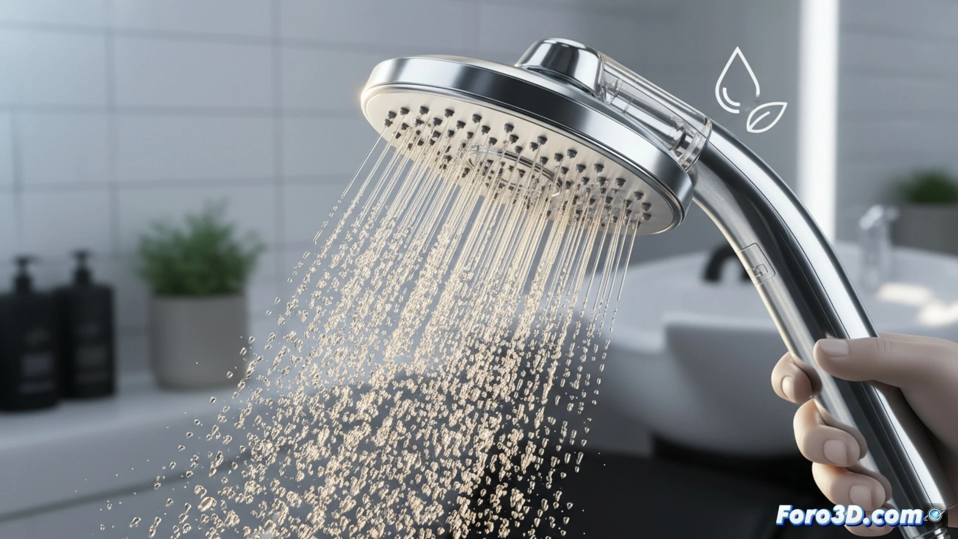 Modelado 3D del cabezal Water Saver de L Oreal mostrando reduccion de flujo de agua en peluqueria