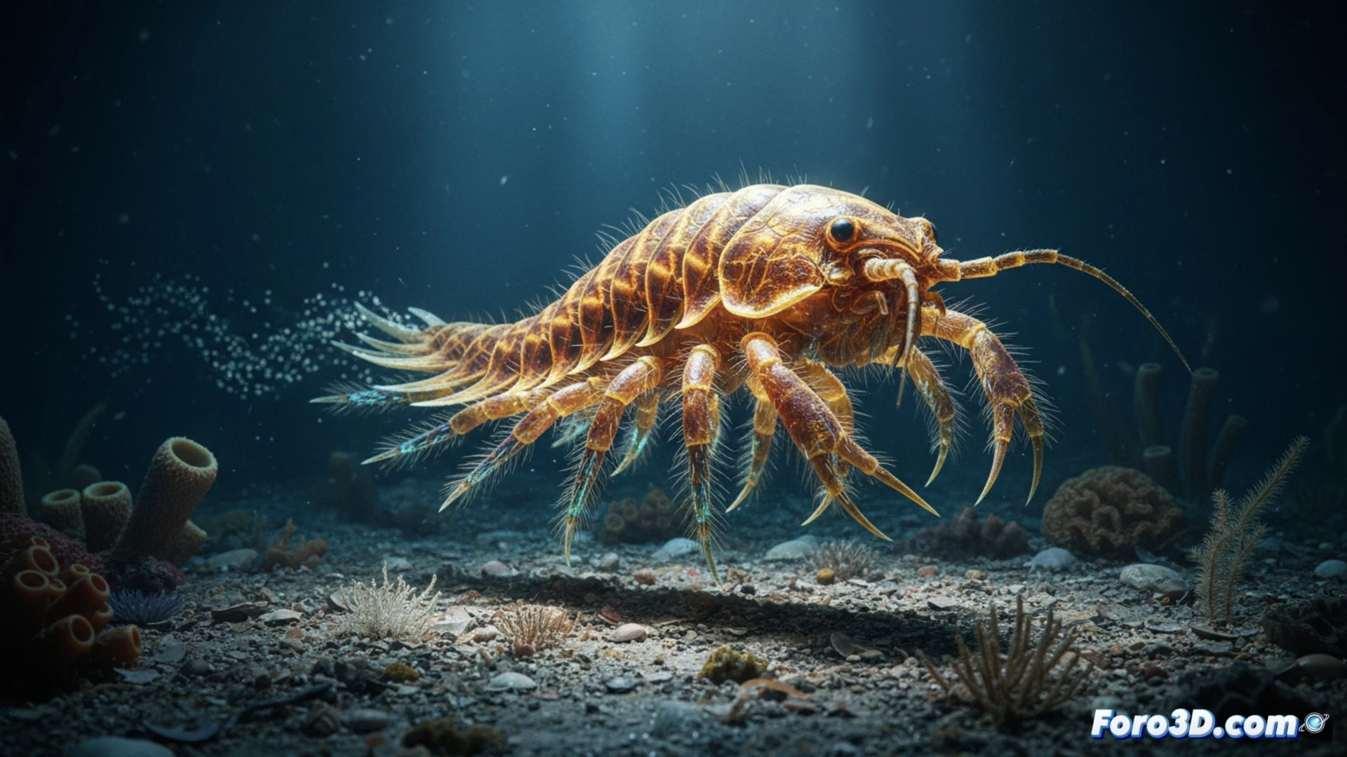 Anfípodo Coraza de Oro modelado 3D con exoesqueleto metálico y bioluminiscencia en fondo oceánico oscuro