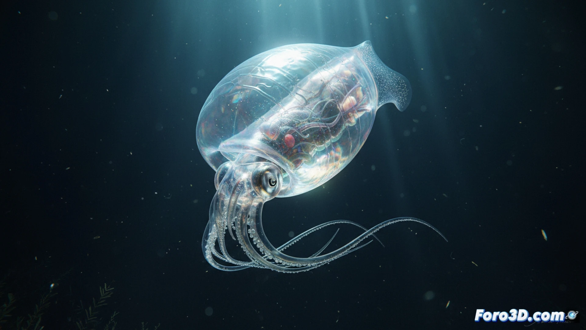 Calamar de cristal transparente del abismo marino, modelado 3D científico con órganos internos visibles y efecto globo defensivo