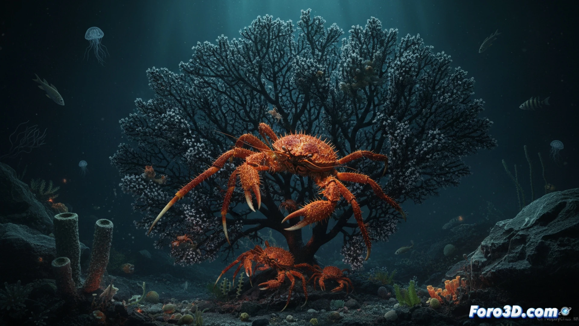 Modelo 3D Uroptychus sp. anaranjado sobre coral negro en monte submarino Nazca, visualización científica