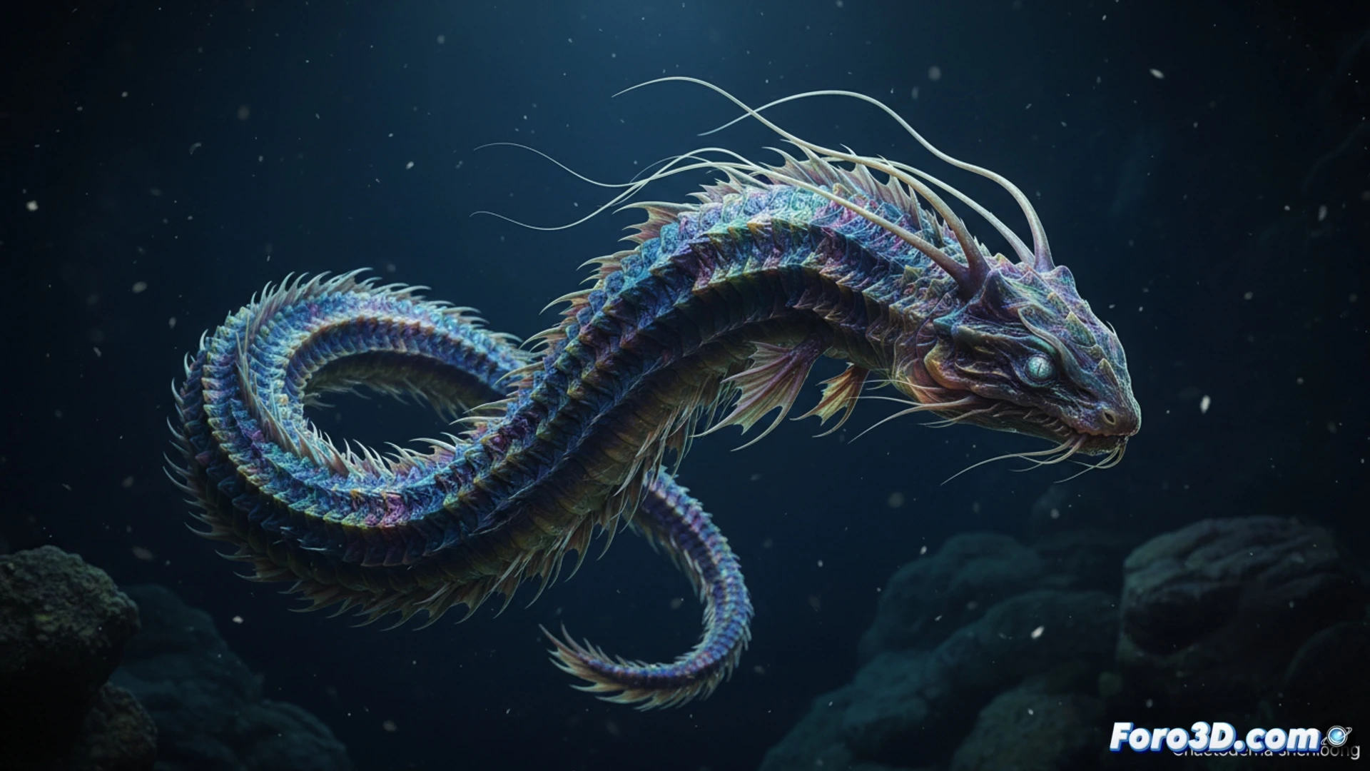 Modelado 3D fotorrealista del molusco aplacóforo Chaetoderma shenloong, con escamas iridiscentes y cuerpo cilíndrico.