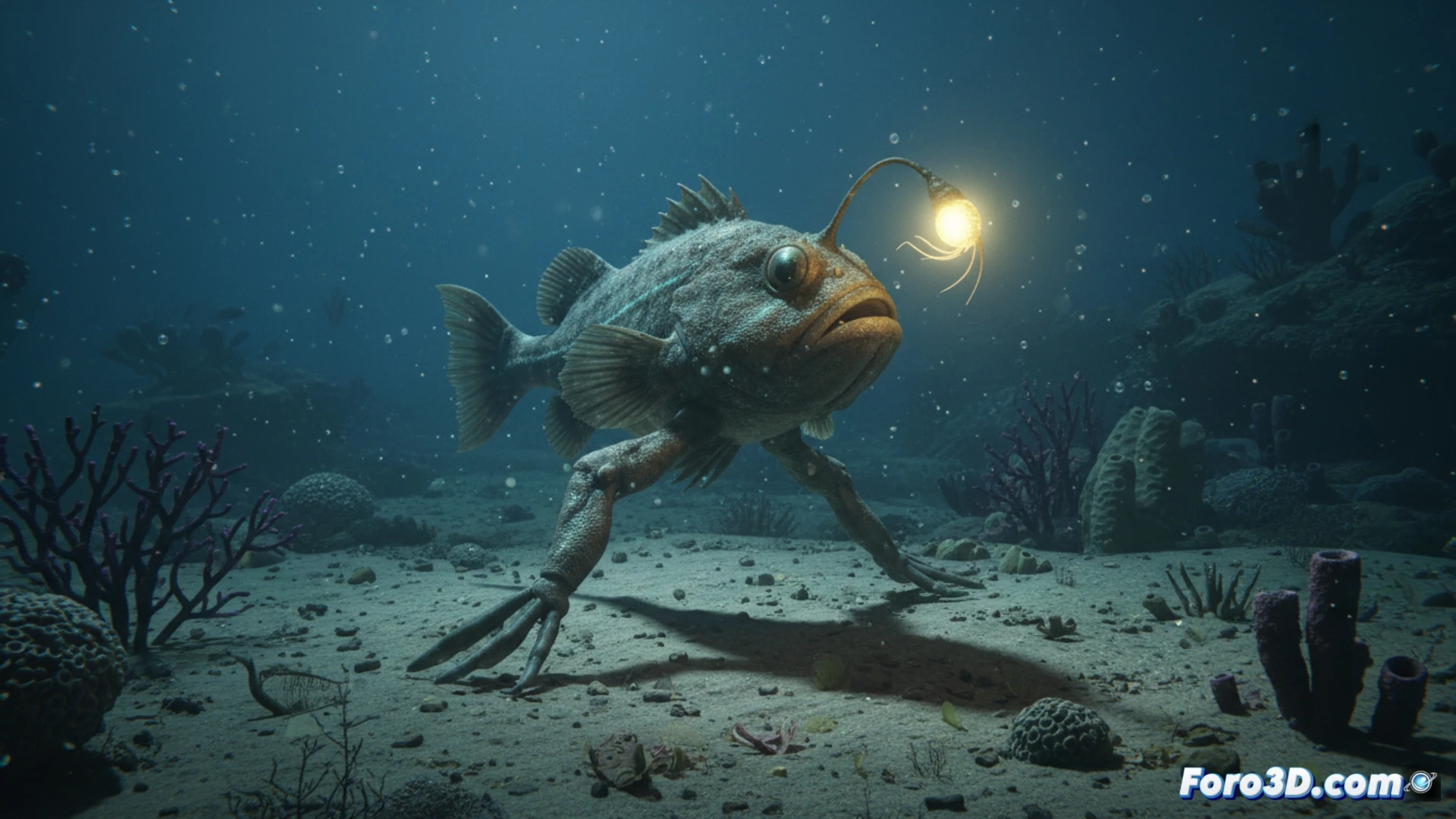 Sapo de Mar de Nazca Chaunops sp modelo 3D biomecánico aletas pectorales caminando fondo marino rojo intenso