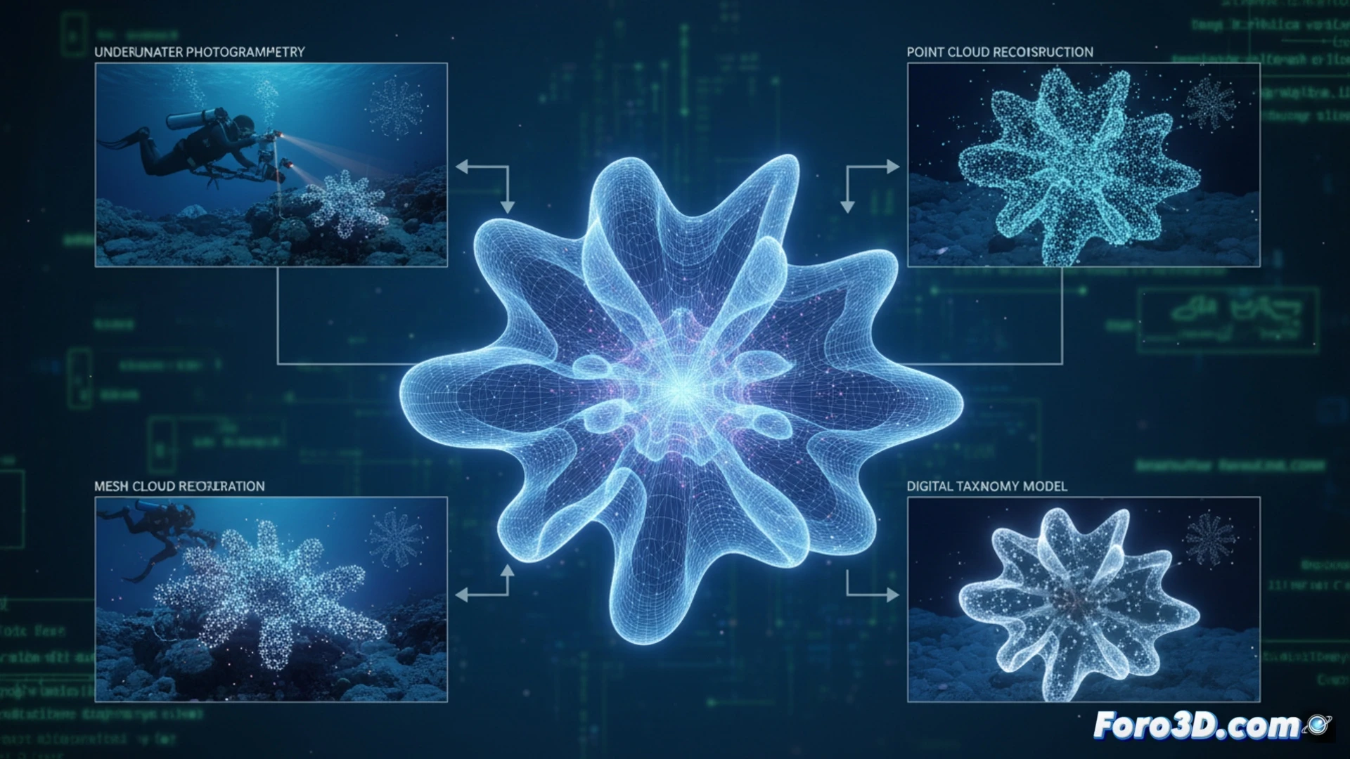 Modelo 3D del Coral Estrella del Bounty, octocoral radial con pólipos ramificados en azul y violeta, fondo oceánico oscuro.