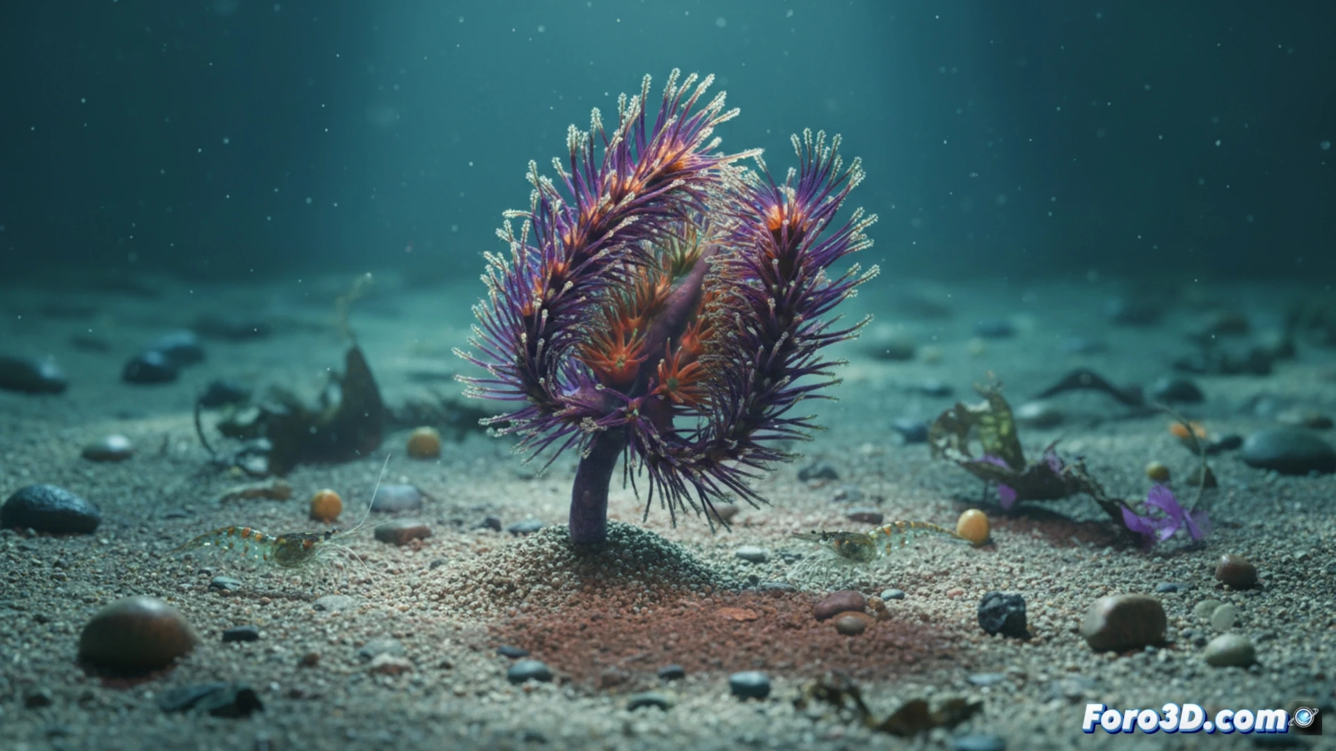 [Coral pluma de mar retrayéndose en sedimento marino, modelo 3D fotorrealista con pólipos y texturas detalladas]