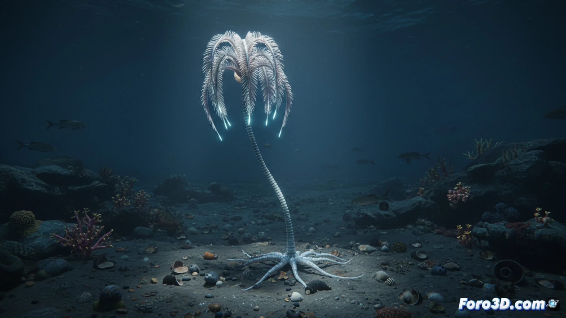 Modelo 3D del crinoide Bathycrinus con tallo alargado y corona de brazos adaptada al lecho marino profundo