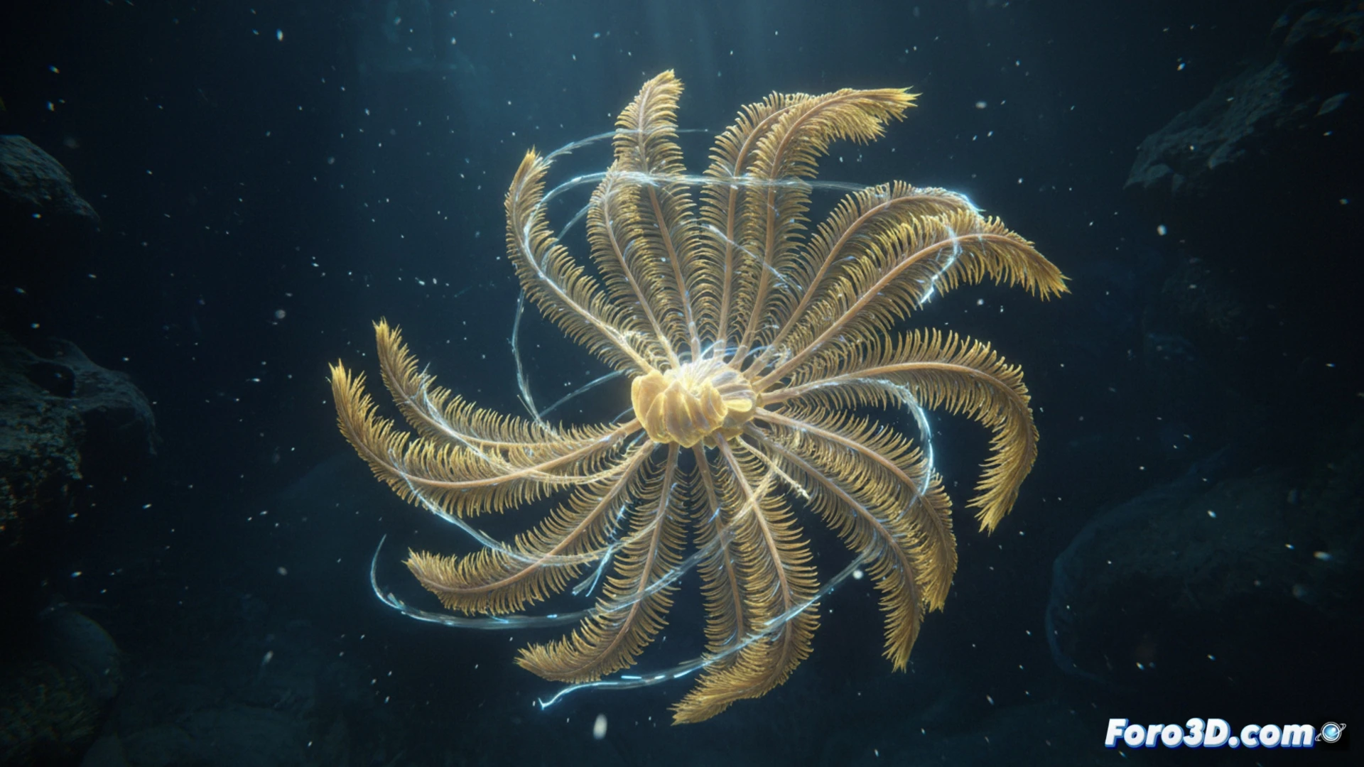 Crinoide de Plumas Amarillas modelo 3D detallado en fondo oceánico oscuro con texturas translúcidas