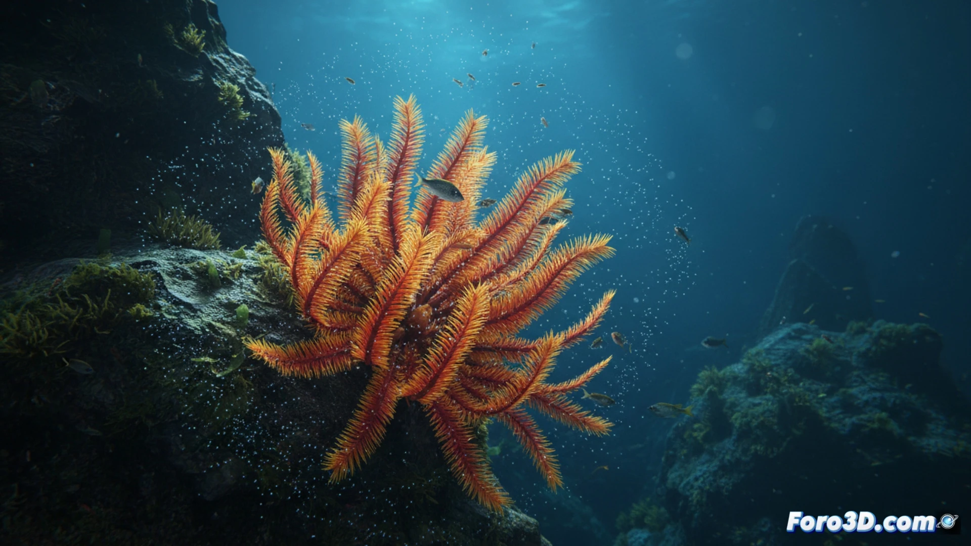 Crinoide naranja de Nazca modelado en 3D con brazos plumosos y color vibrante sobre fondo oceánico oscuro