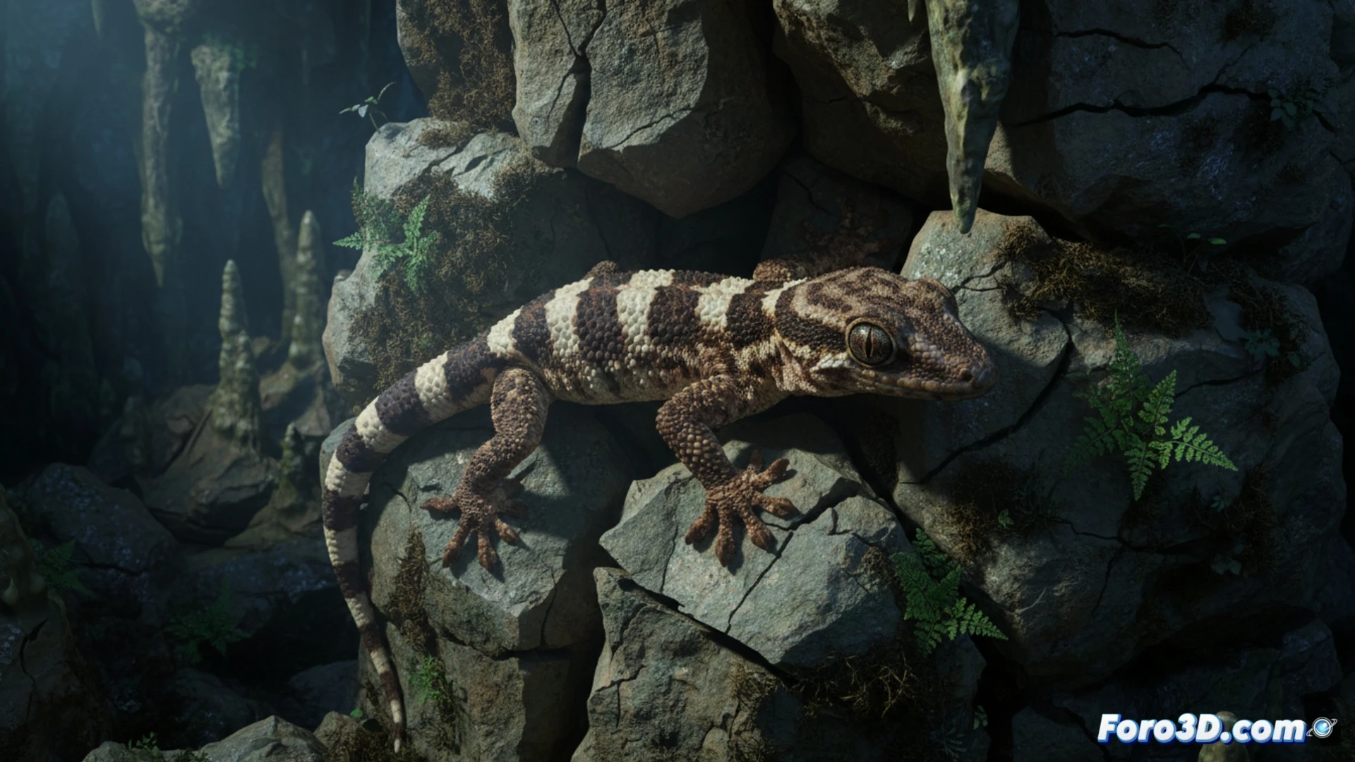 Modelado 3D fotorrealista del Cyrtodactylus rufford, nuevo geco kárstico tailandés, con bandas oscuras y cola prensil