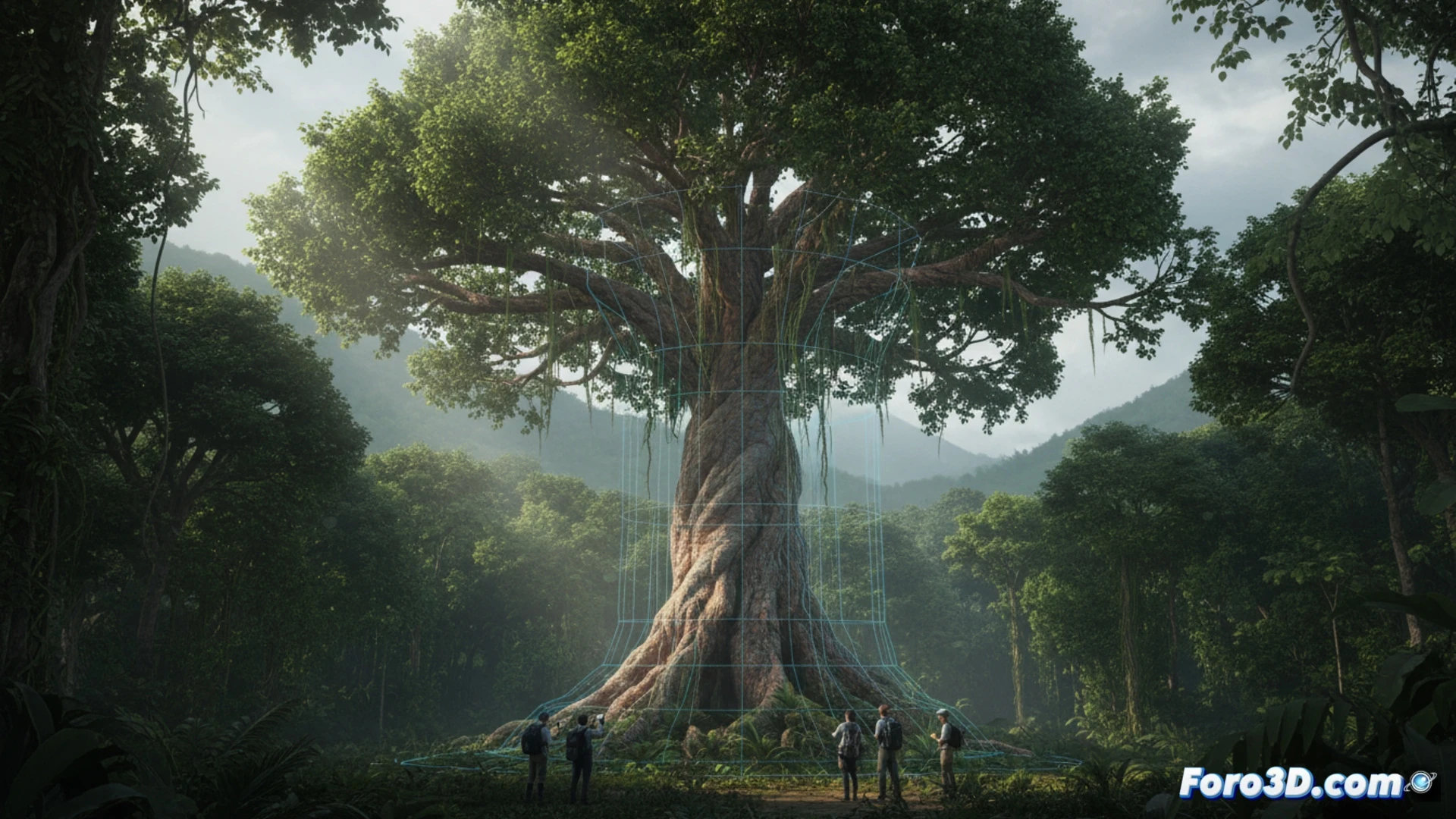 Árbol Drypetes oliveri de 35 metros en Tambopata, modelado 3D científico del gigante botánico peruano
