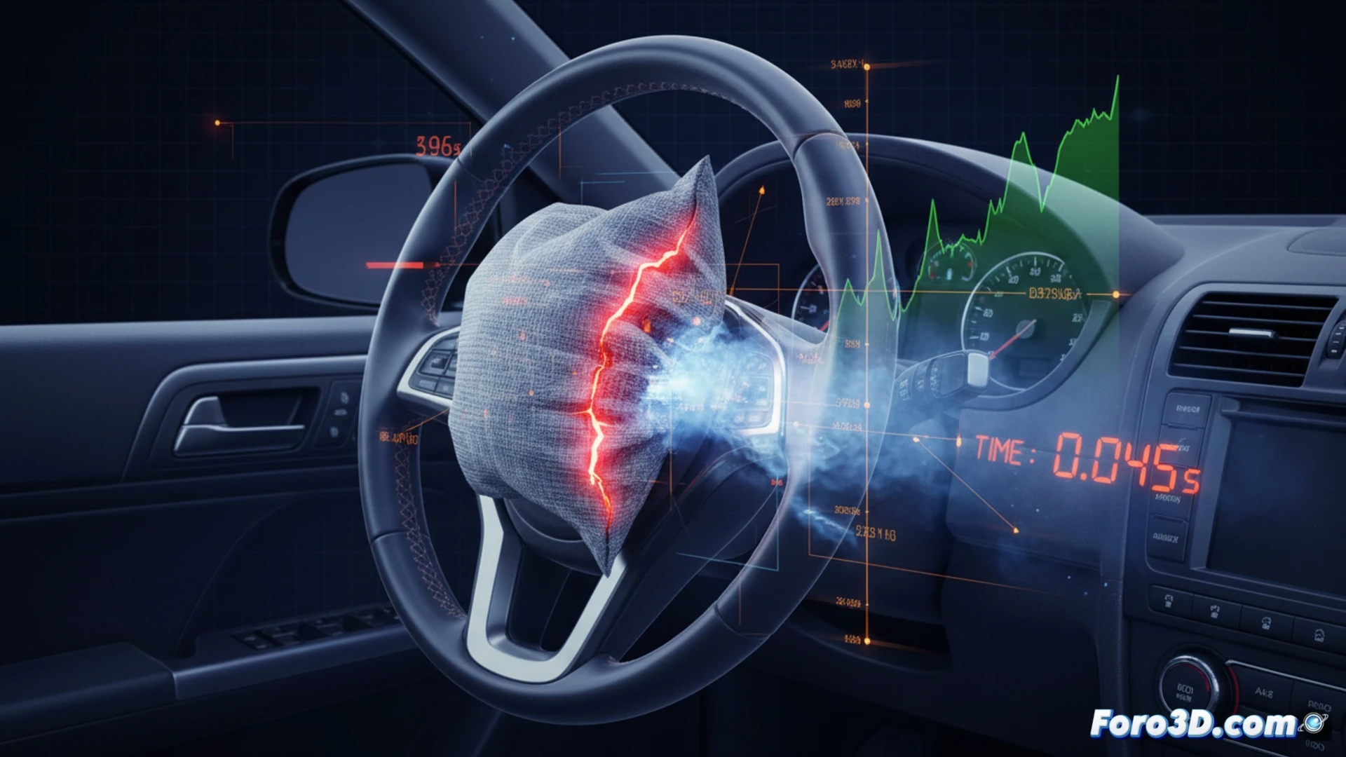 Simulación 3D del mecanismo de inflado de airbag mostrando fallo crítico en la cámara de gas