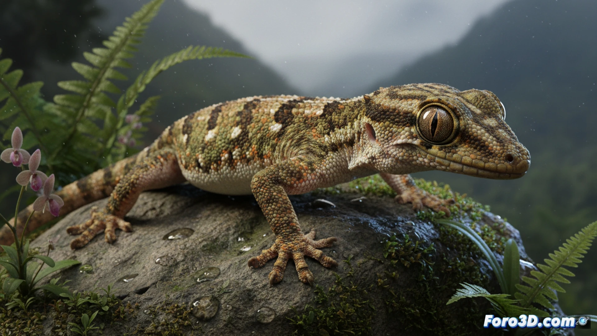 Modelado 3D del geco de Namdapha, textura escamosa y patrón de manchas blancas sobre dermis oscura