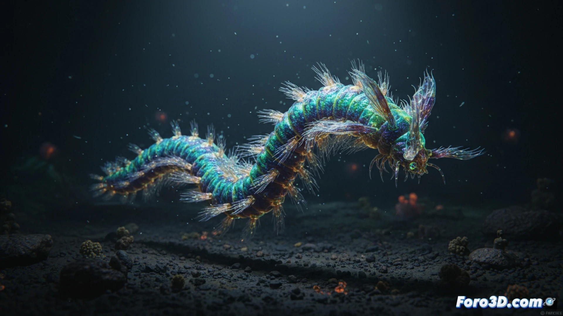 Modelado 3D del gusano iridiscente Pectinereis strickrotti con parapodios brillantes en el fondo oceánico