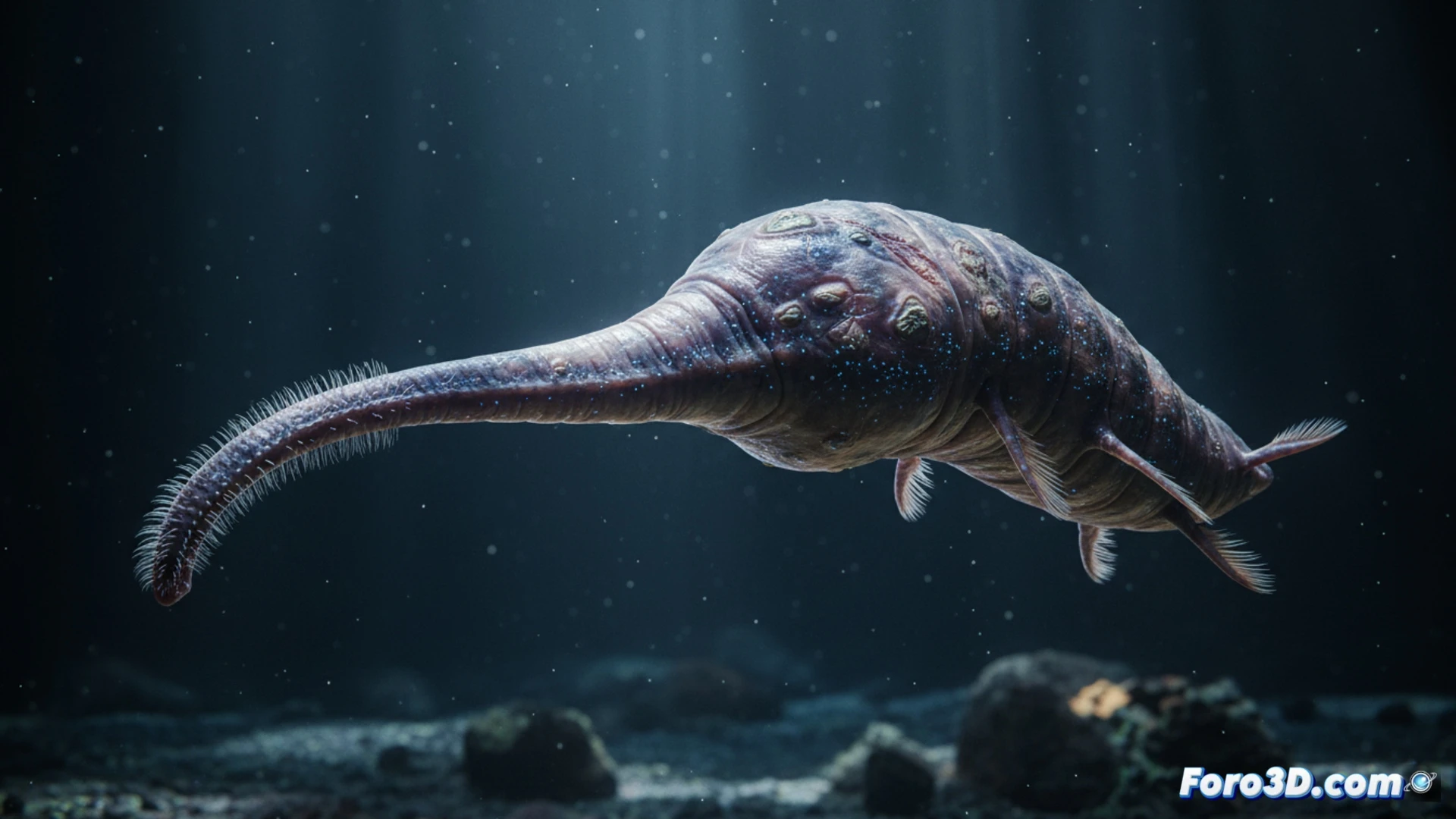 Modelado 3D del gusano cuchara de la Fosa de Atacama con probóscide extendida sobre sedimento abisal