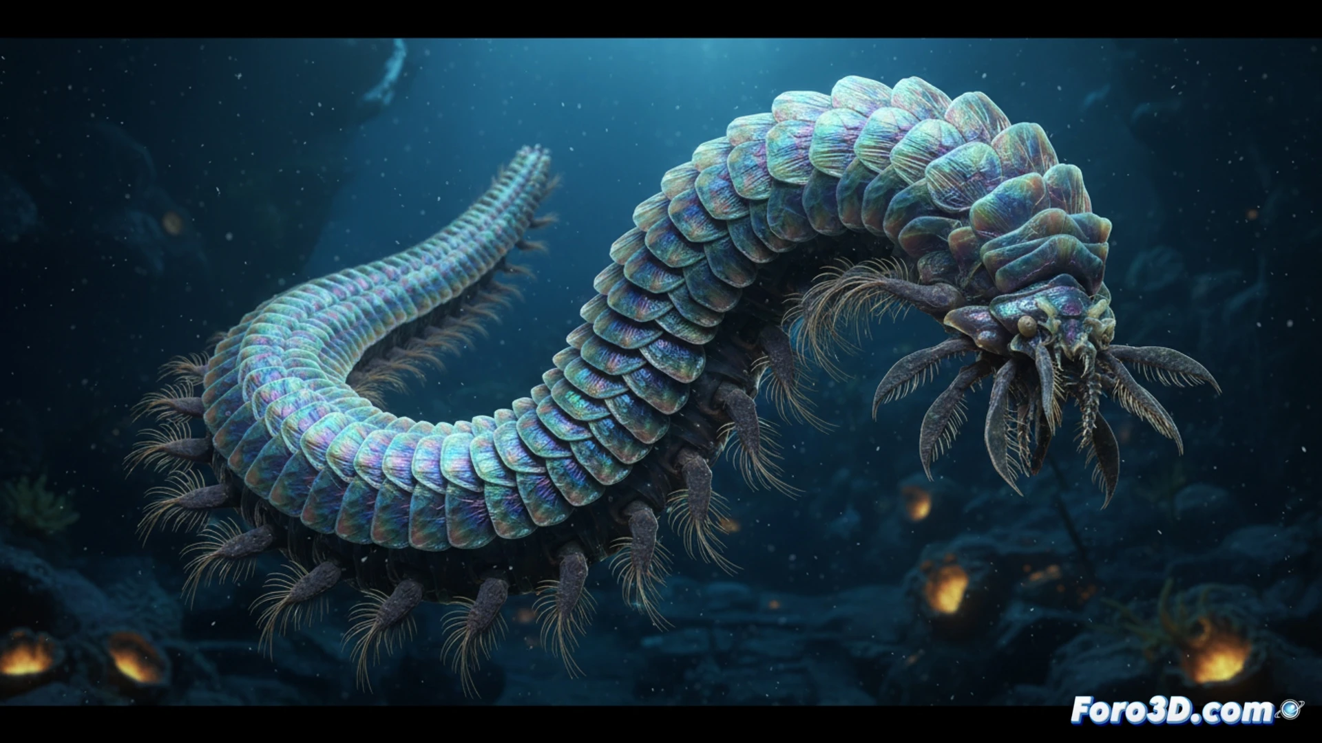 Modelado 3D del gusano escamoso Macellicephala sp. de la Fosa de Atacama, adaptaciones hadales y cutícula quitinosa.